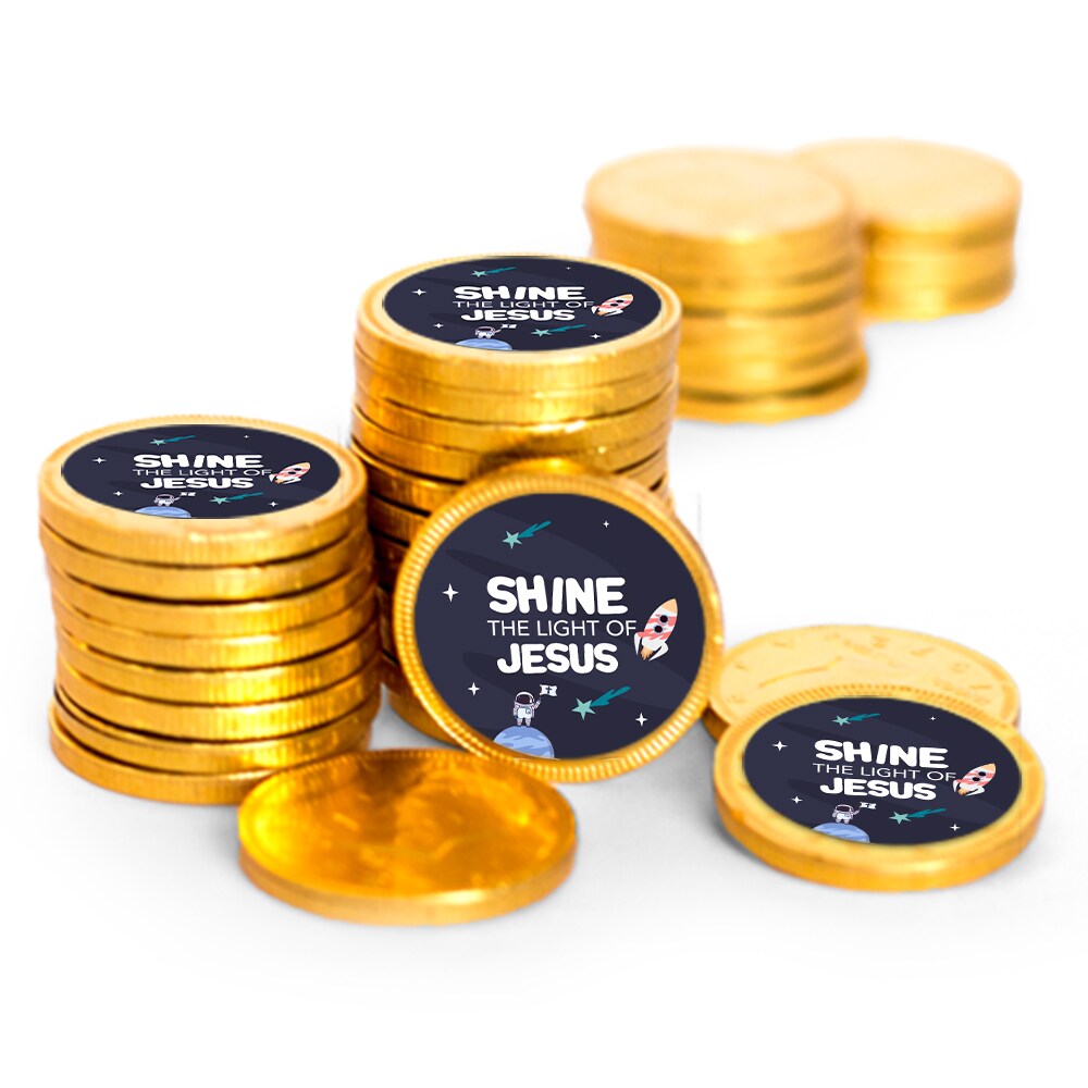 84ct Space Themed Vacation Bible School Candy Religious Party Favors Chocolate Coins (84 Count) - Gold Foil - By Just Candy