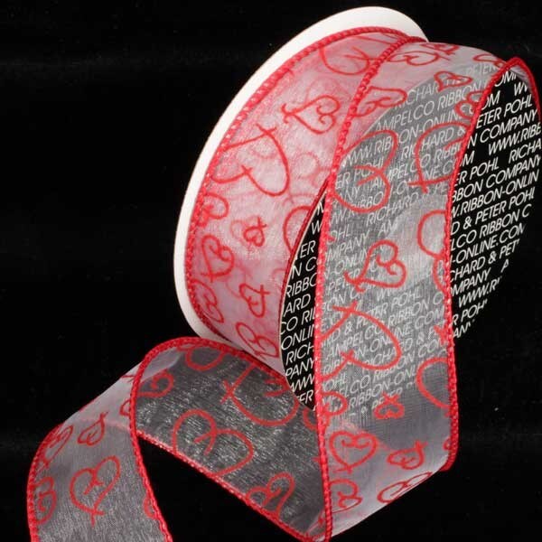 The Ribbon People Red and White Flocked Heart Wired Craft Ribbon 1.5" x 80 Yards