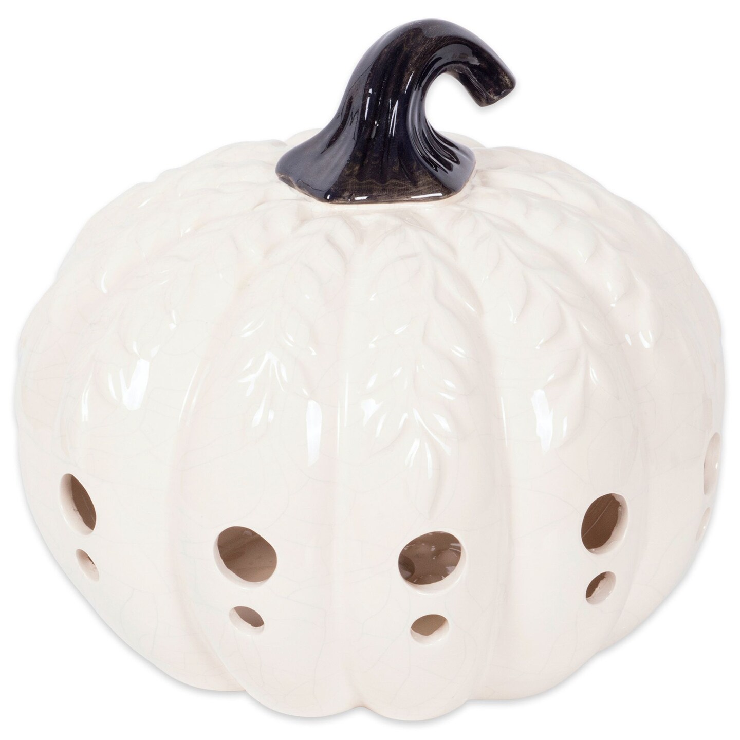 Contemporary Home Living 9&#x22; White and Black Leaves Pumpkin Lantern Halloween Decor
