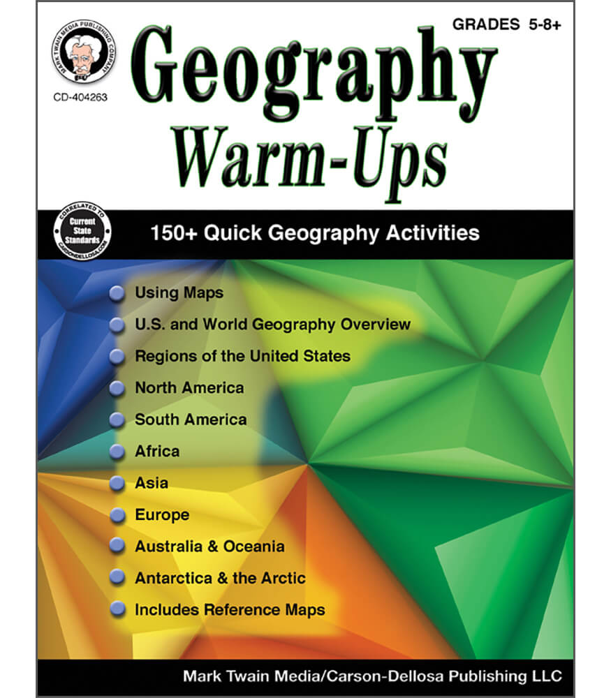 Mark Twain Geography Warm-Up Activity Book Grades 5-8+, US and World Geography for Kids, Geography Workbook With Maps, 5th Grade Workbooks and Up, Classroom or Homeschool Curriculum