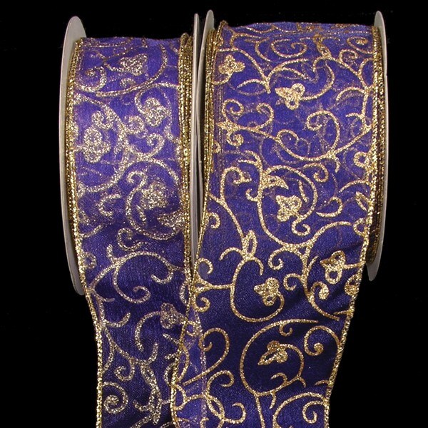 The Ribbon People Sheer Purple and Gold Swirling Floral Wired Craft Ribbon 3" x 40 Yards