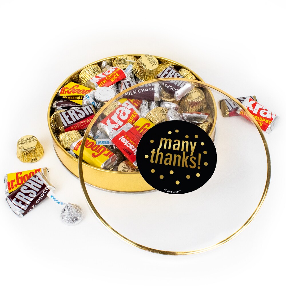 Thank You Candy Gift Tin - Plastic Tin with Hershey&#x27;s Kisses, Hershey&#x27;s Miniatures &#x26; Reese&#x27;s Peanut Butter Cups