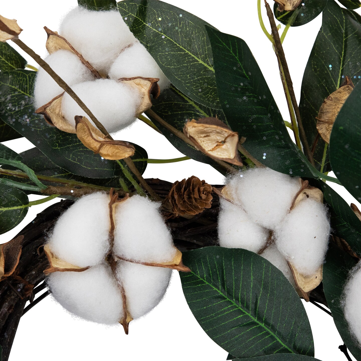 Northlight Cotton Flowers with Foliage Twig Wreath