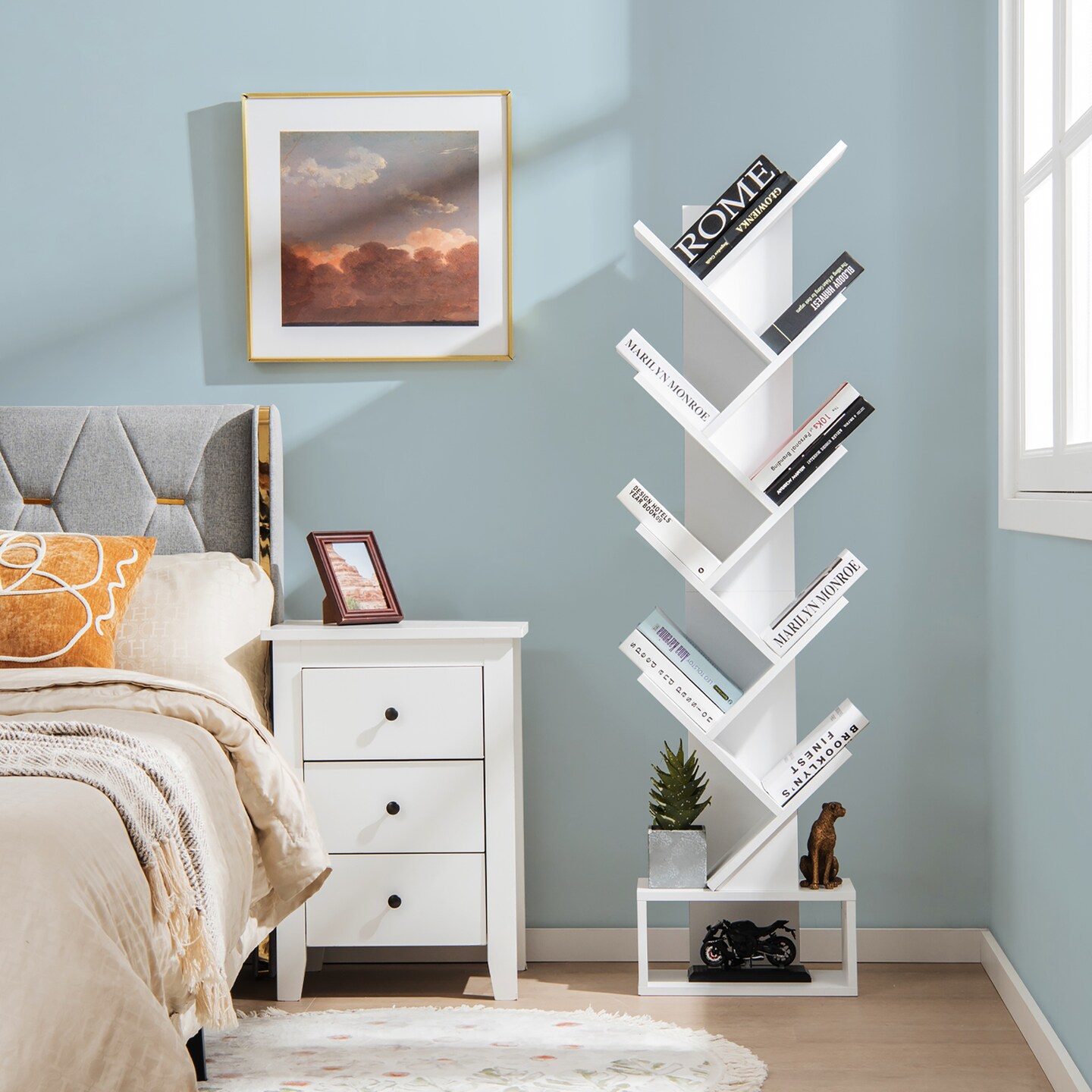 Costway 10-tier Tree Bookshelf with Drawer Free-standing Bookcase Storage Shelf White\Brown