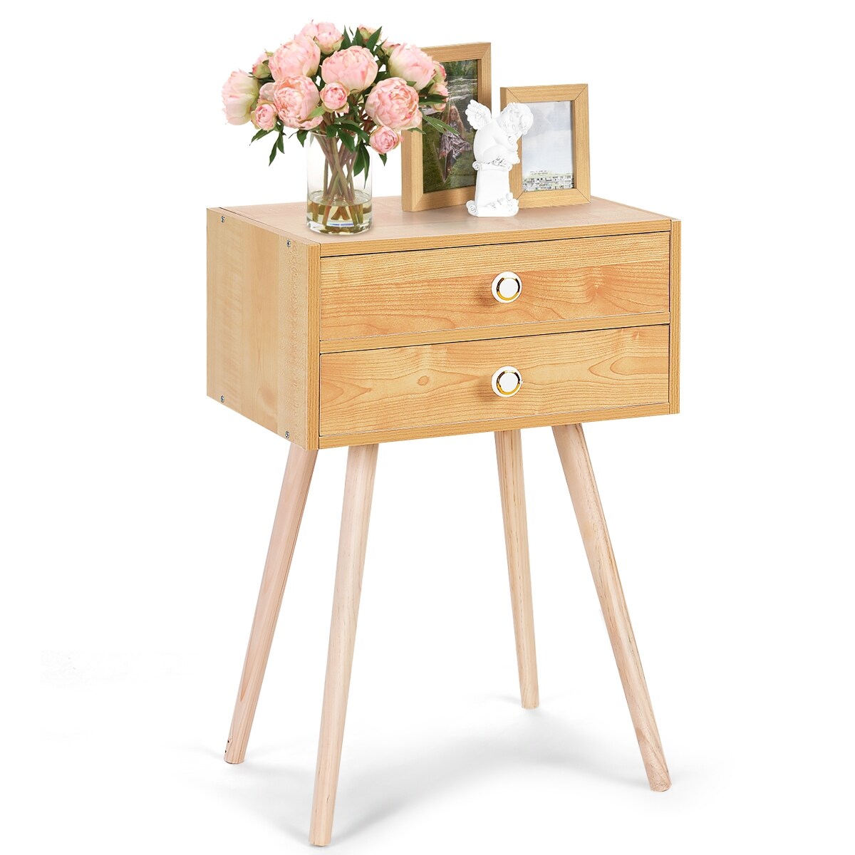 Modern Floor Standing 2 Drawers Nightstand with Wooden Legs and Golden Knob