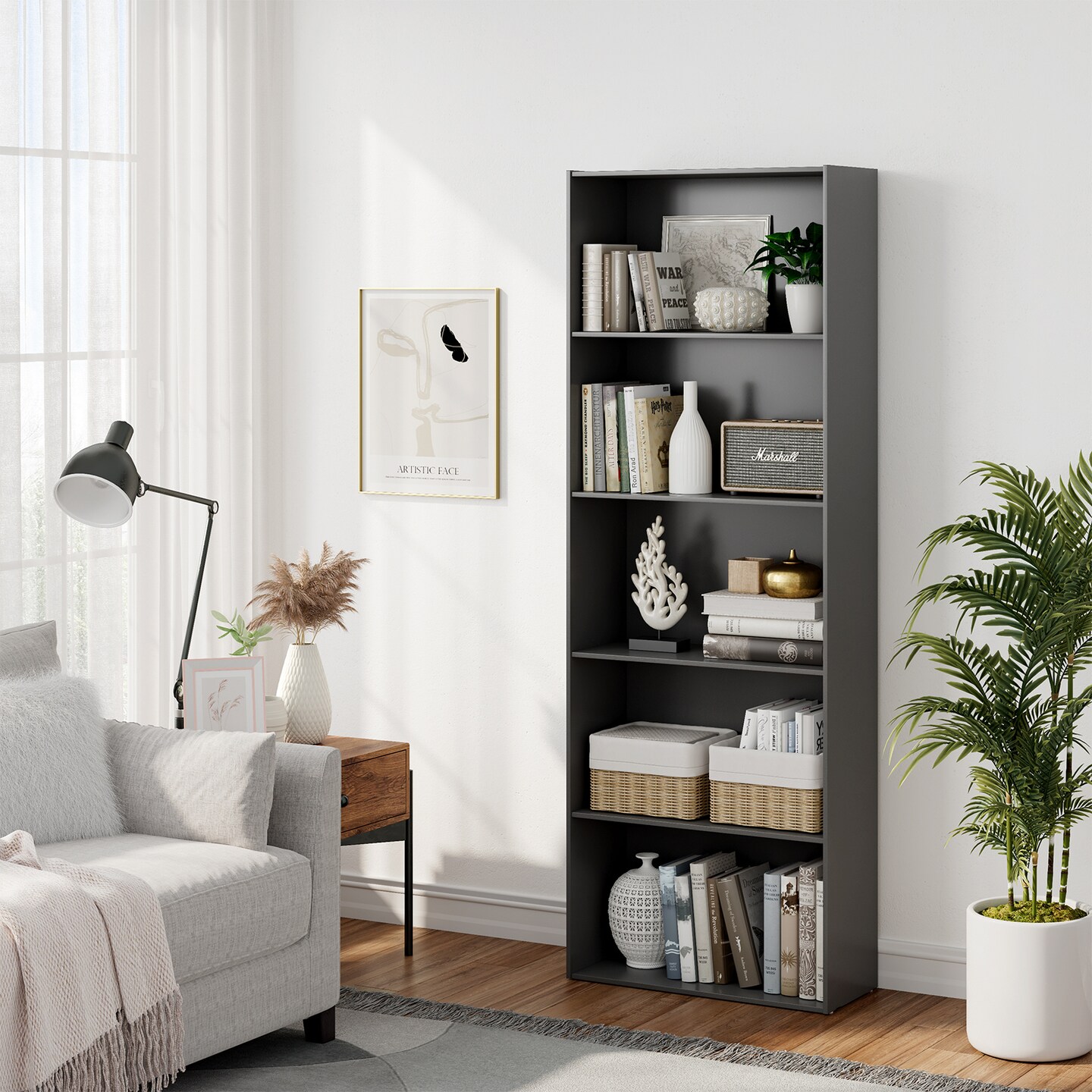 5-Tier Modern Bookcase with Open Storage Shelves and Durable MDF Frame