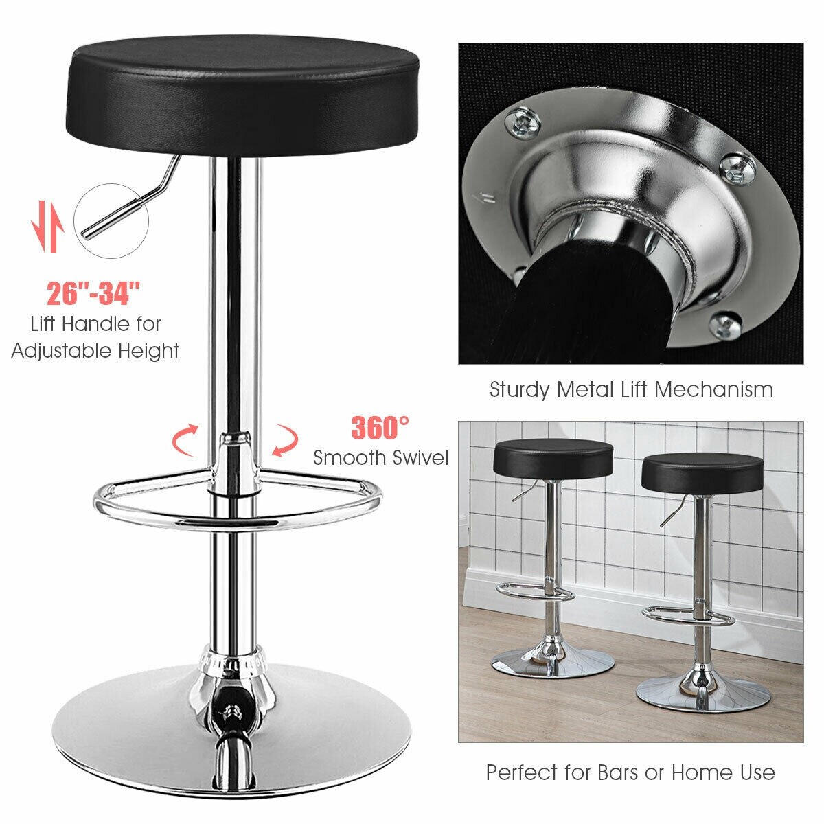 Set of 2 Height Adjustable Swivel Round Bar Stool with Stainless Steel Chrome Base Perfect for Seating in Any Room