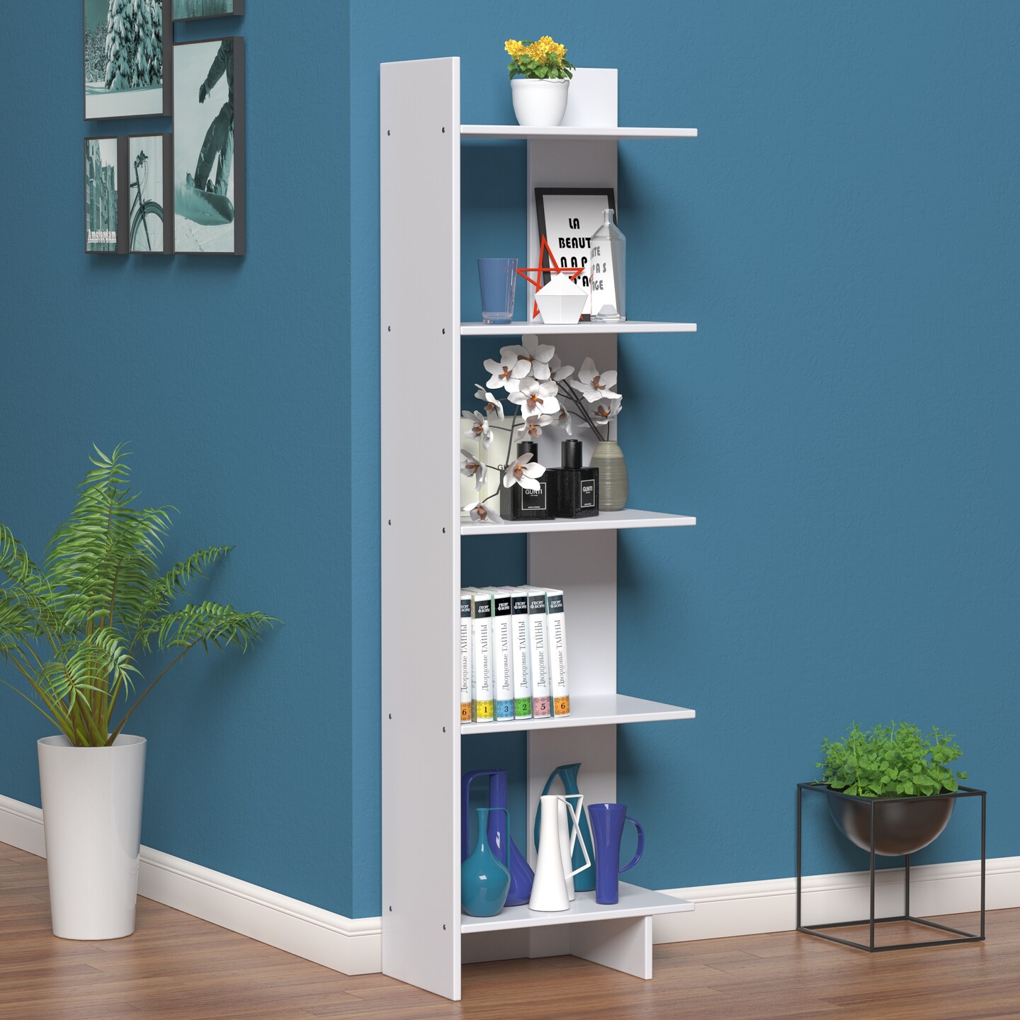 White Room Divider 4 Shelf Open Storage Bookshelf Display Rack