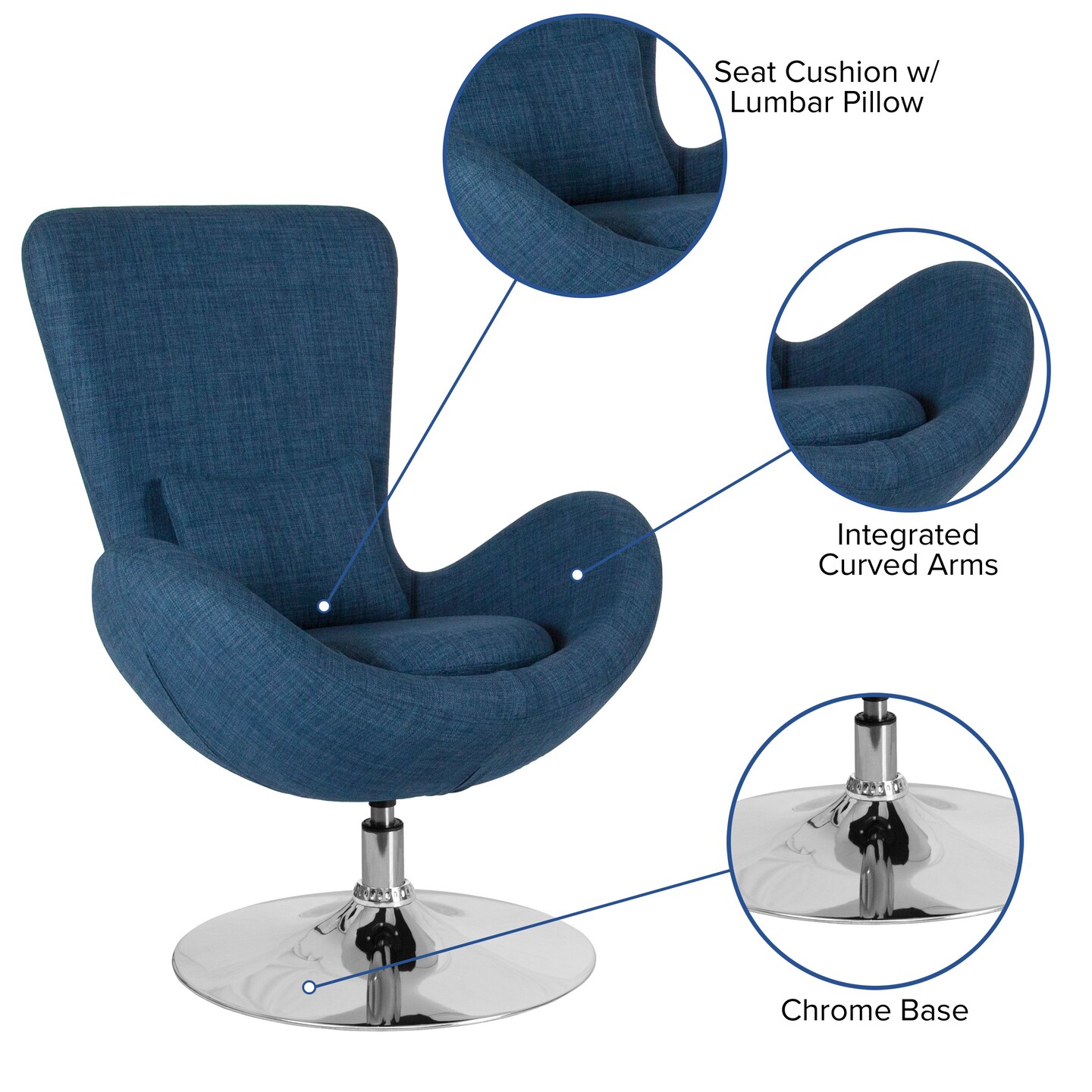Merrick Lane Soro High-Back Egg Style Lounge Chair With 360° Swivel Metal Base