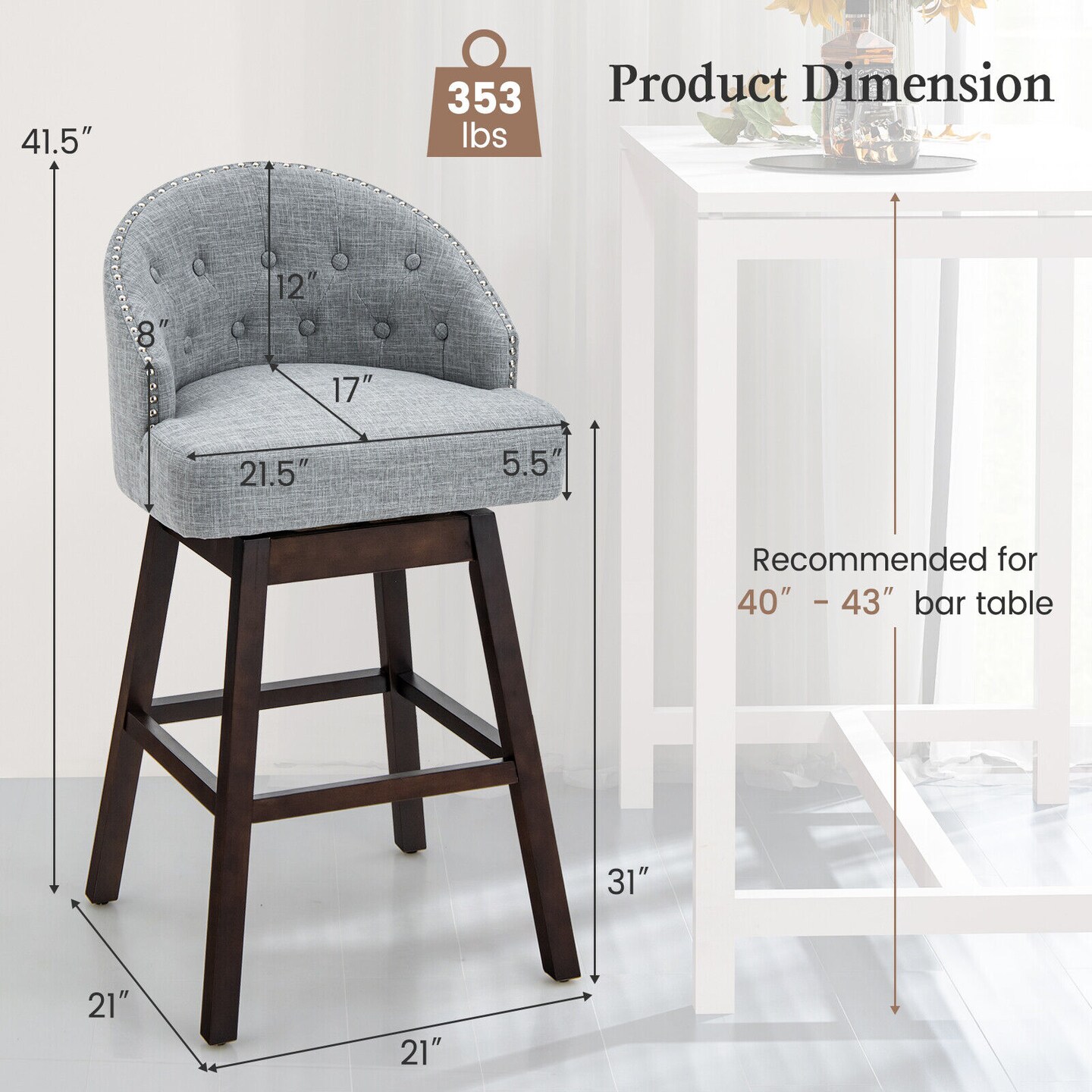 Set of 2 Swivel Bar Stools Tufted Bar Height Pub Chairs with Rubber Wood Legs
