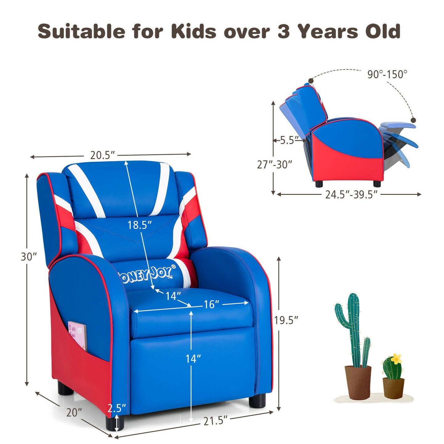 Kids Adjustable Recliner Chair with 2 Side Storage Pockets Ideal for Children Room or Home Theater