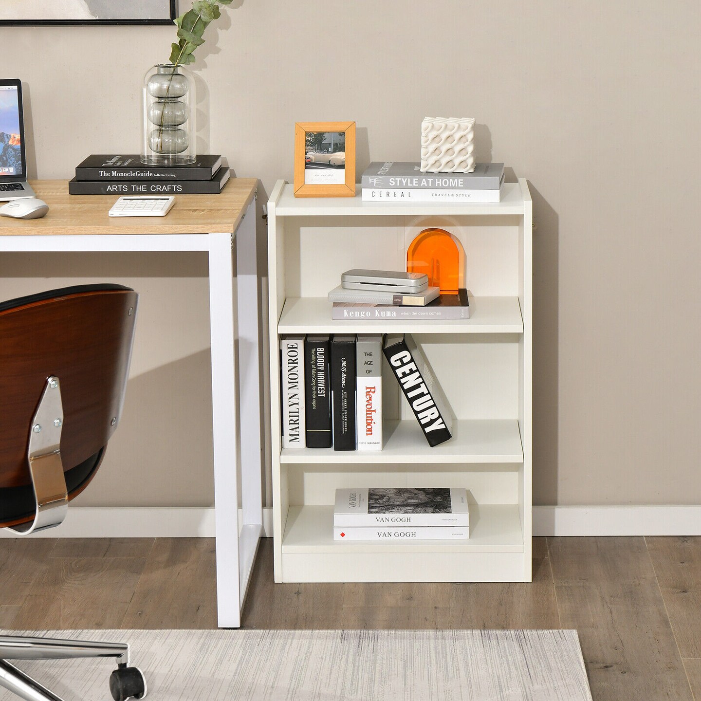 Modern White 3-Tier Bookcase with Storage Adjustable Shelves Cabinet for Living Room or Bedroom