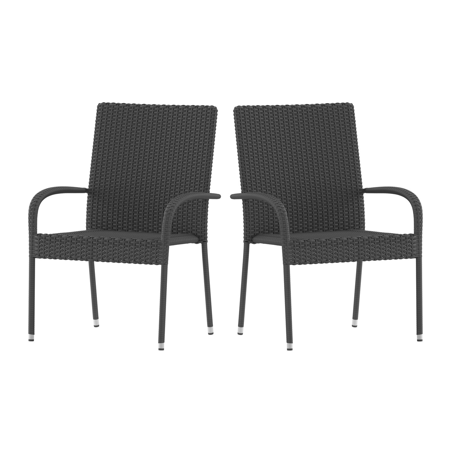 Merrick Lane Set of Mathias Indoor/Outdoor Black Wicker Patio Chairs with Powder Coated Steel Frame, Comfortably Curved Back and Arms