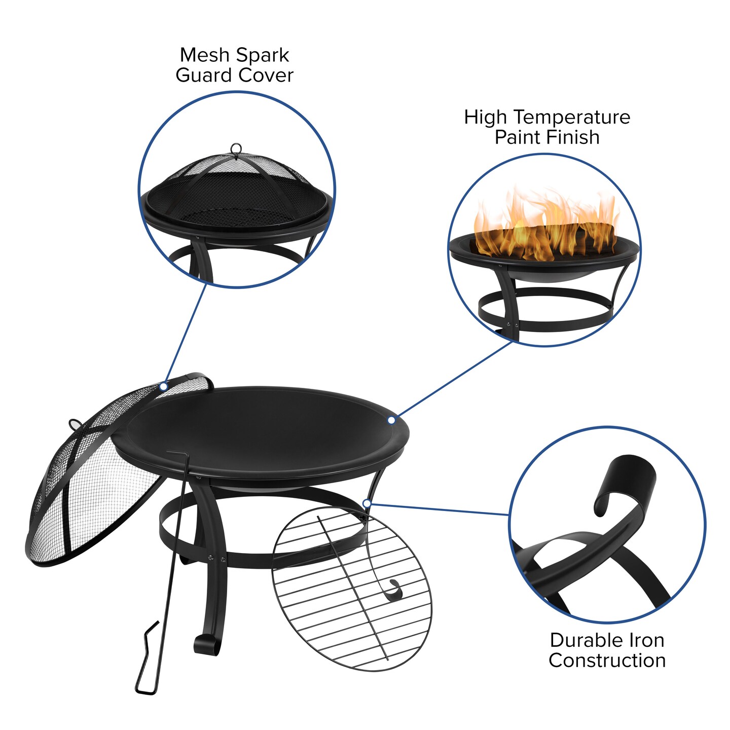 Merrick Lane Bunyan Fire Pit Outdoor Wood Burning Round Iron 22&#x22; Fire Pit For Patio, Backyard, Camping, Picnics With Spark Screen And Poker