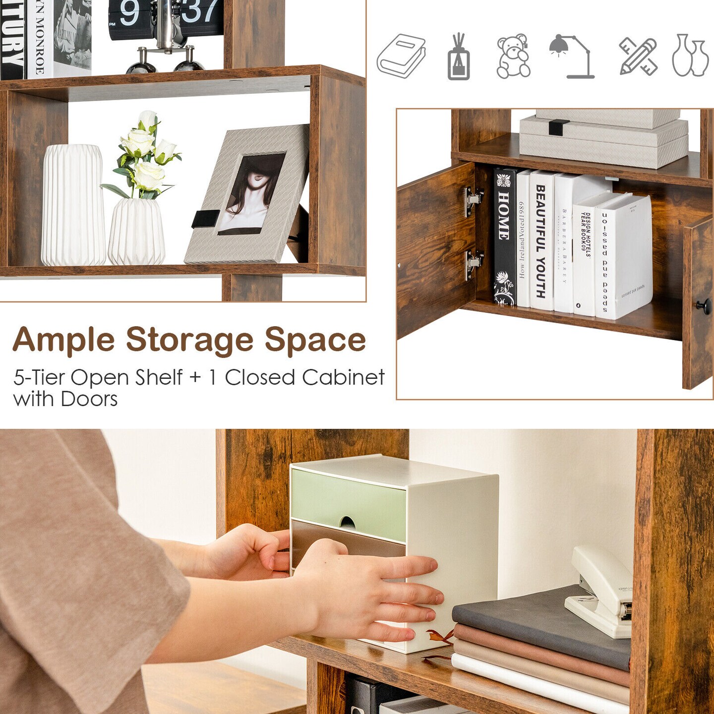 Engineered Wood S-Shaped Bookshelf with Cabinet and Doors