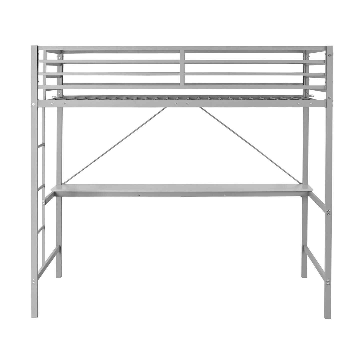 Emma and Oliver Jensen Metal Loft Bed Frame with Desk, Protective Guard Rails and Ladder for Kids, Teens and Adults