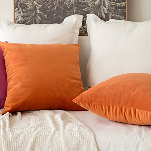MIULEE Fall Pack of 2 Velvet Soft Solid Decorative Square Throw Pillow Covers Set Cushion Case for Sofa Bedroom Car 16x16 Inch 40x40 Cm Orange