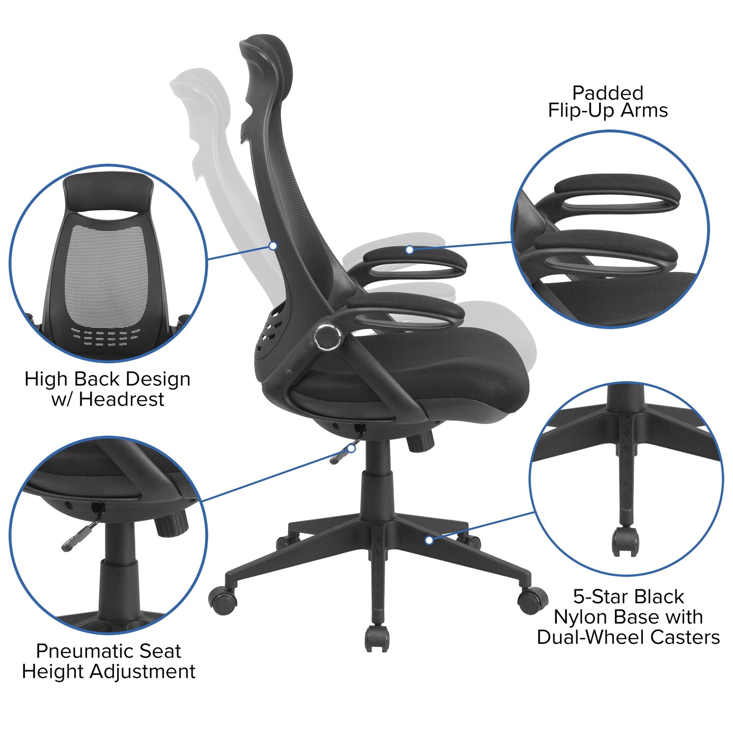 Emma and Oliver High Back Mesh Executive Swivel Office Chair with Flip-Up Arms