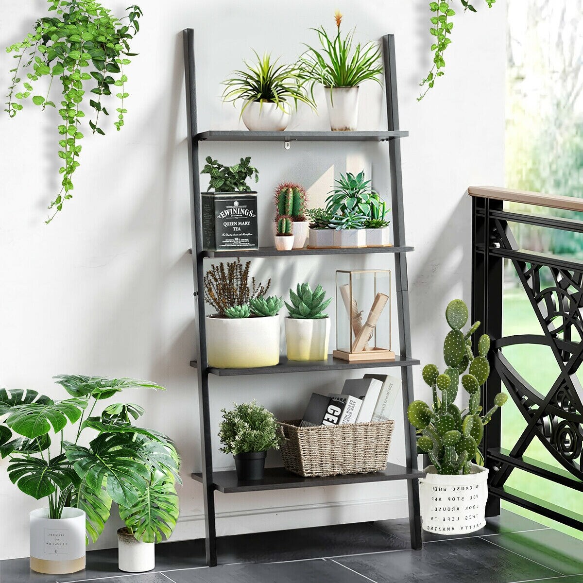 Metal Particle Board 4-Tier Ladder Shelf with Wall Mount