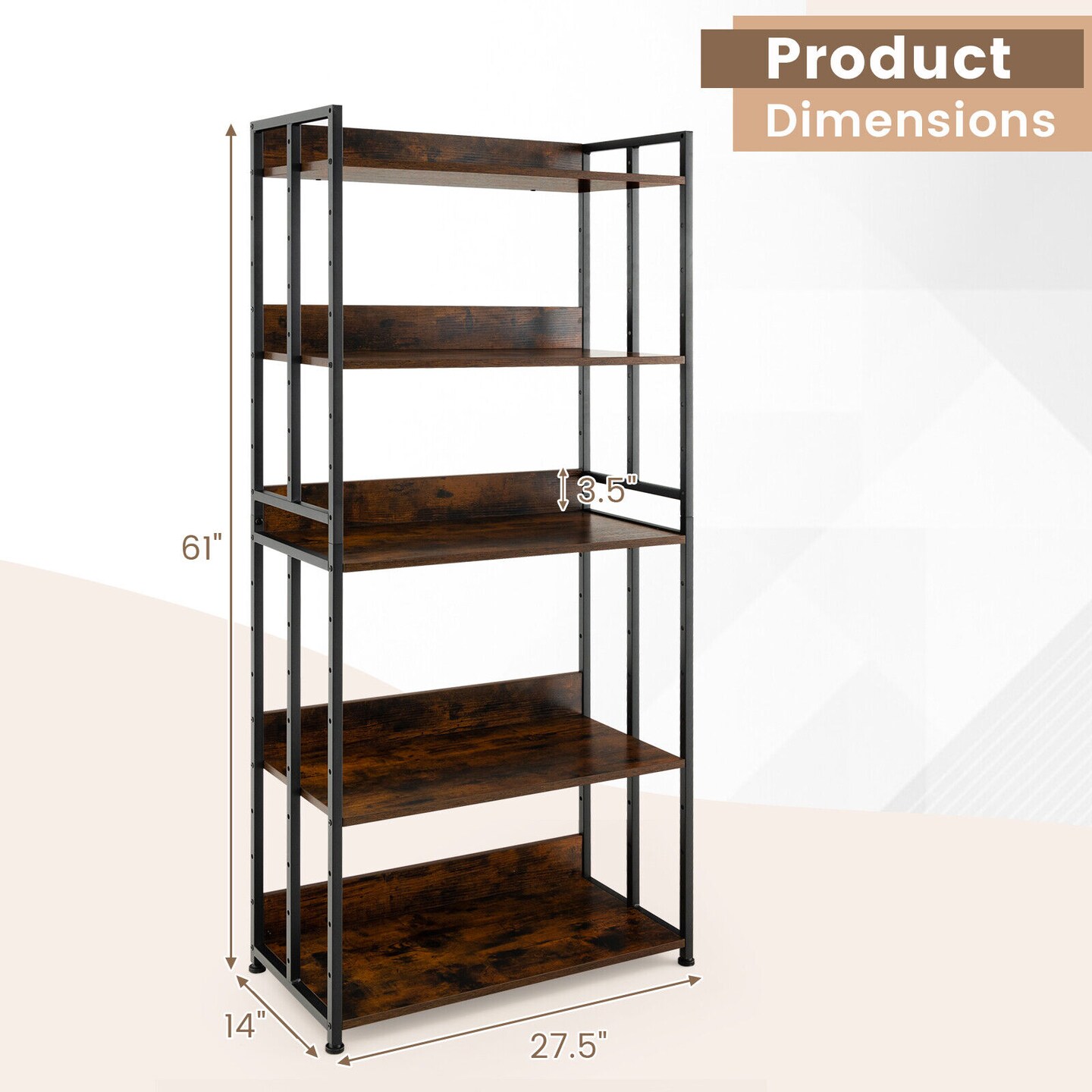 Industrial Bookshelf Storage Shelf Display Rack with Adjustable Shelves-5Tier