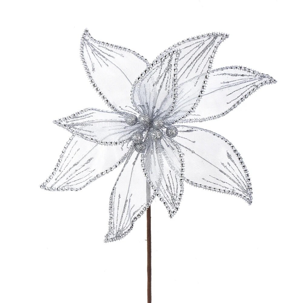 KSA Pack of 12 Silver Sheer Poinsettia Christmas Picks 29.75&#x22;
