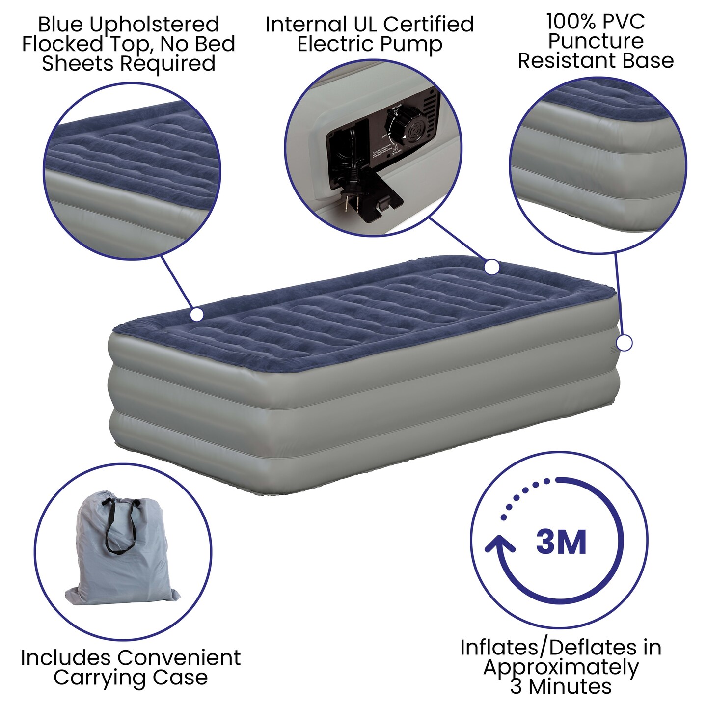 Emma and Oliver 18 Inch Raised Inflatable Air Mattress With Internal Electric Pump
