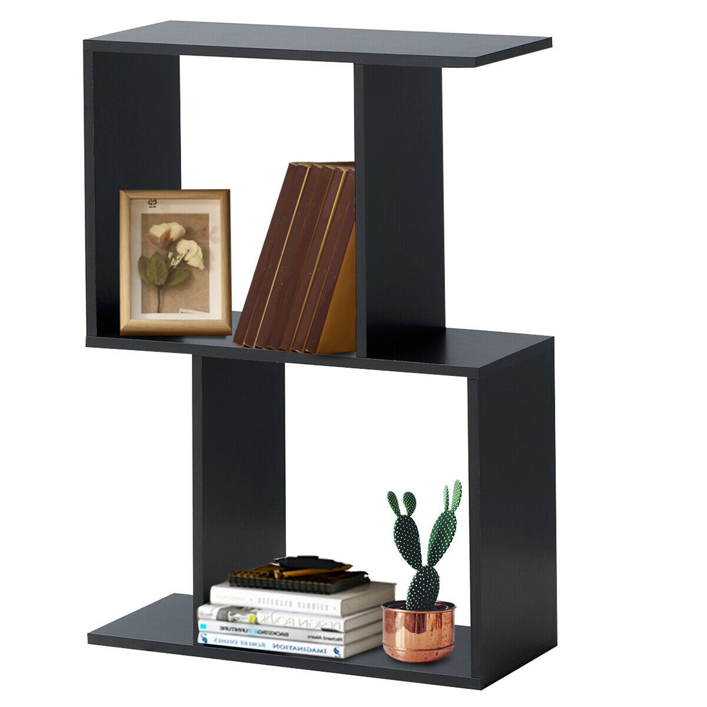Costway 2-tier S-Shaped Bookcase Free Standing Storage Rack Wooden Display Decor Black