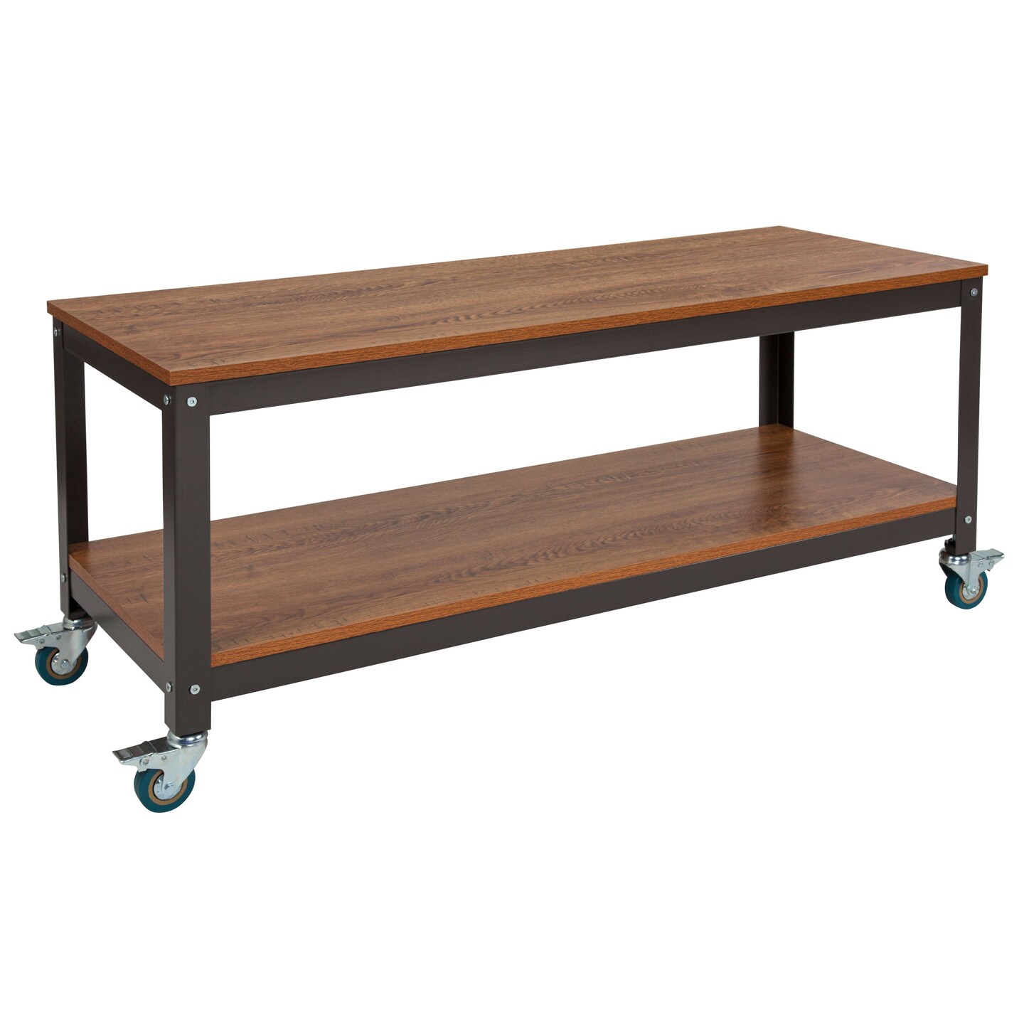 Emma and Oliver TV Stand in Wood Grain Finish with Metal Wheels