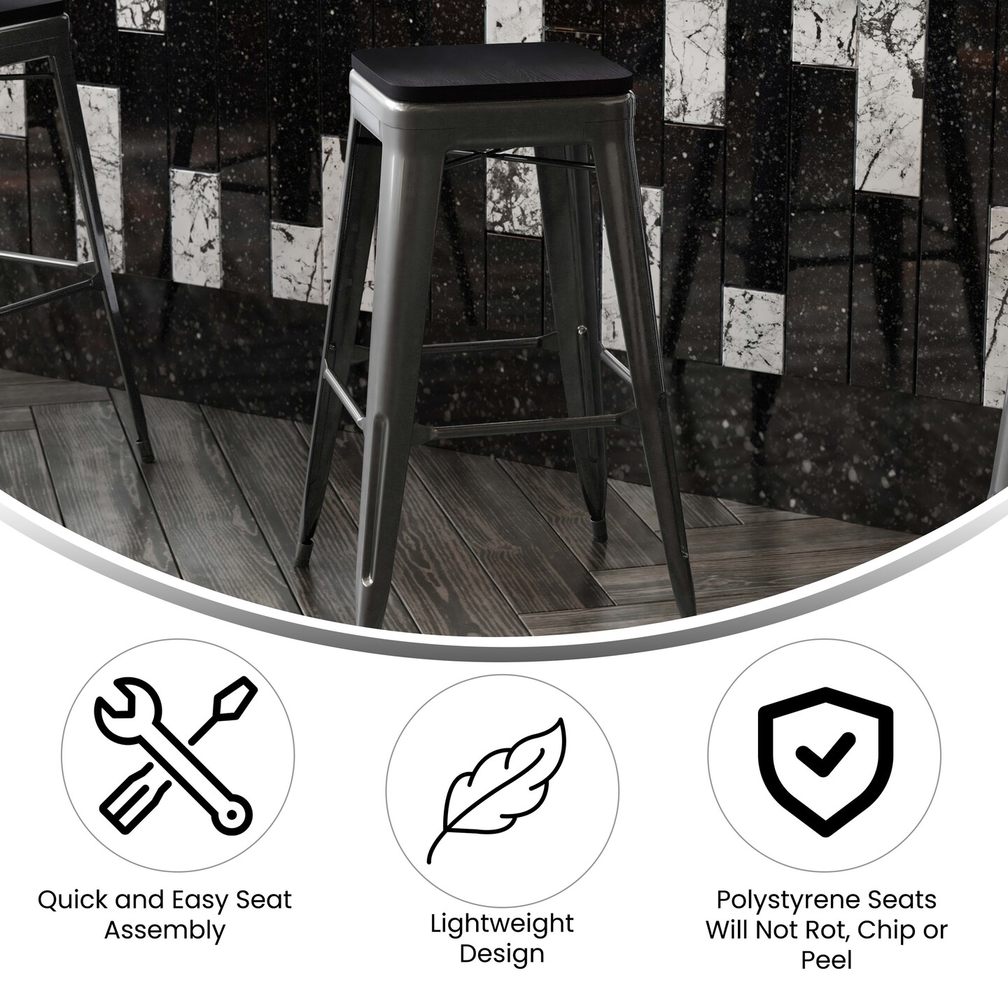 Emma and Oliver Kam Backless Metal Indoor-Outdoor Stool with All-Weather Polystyrene Seat