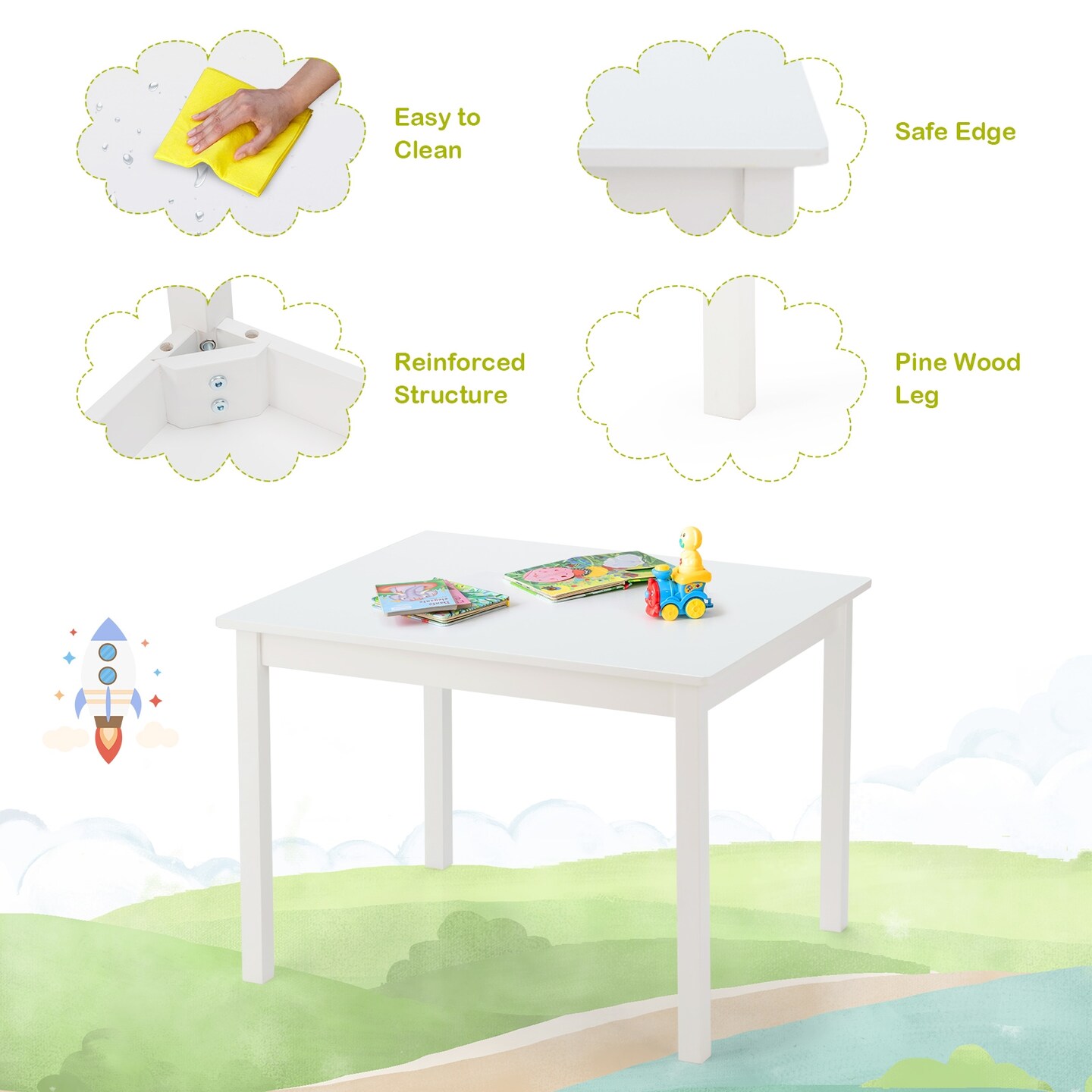 Kids 5 Pieces Table and Chair Set Wooden Children Activity Playroom Furniture Gift