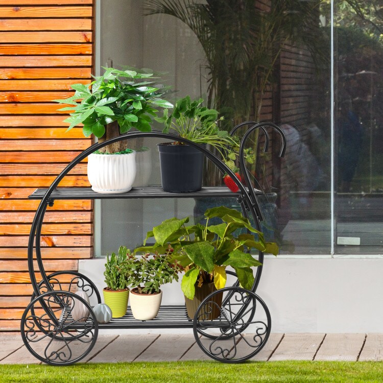 Black Heavy Duty Metal Flower Cart Plant Stand for Indoor-Outdoor Use
