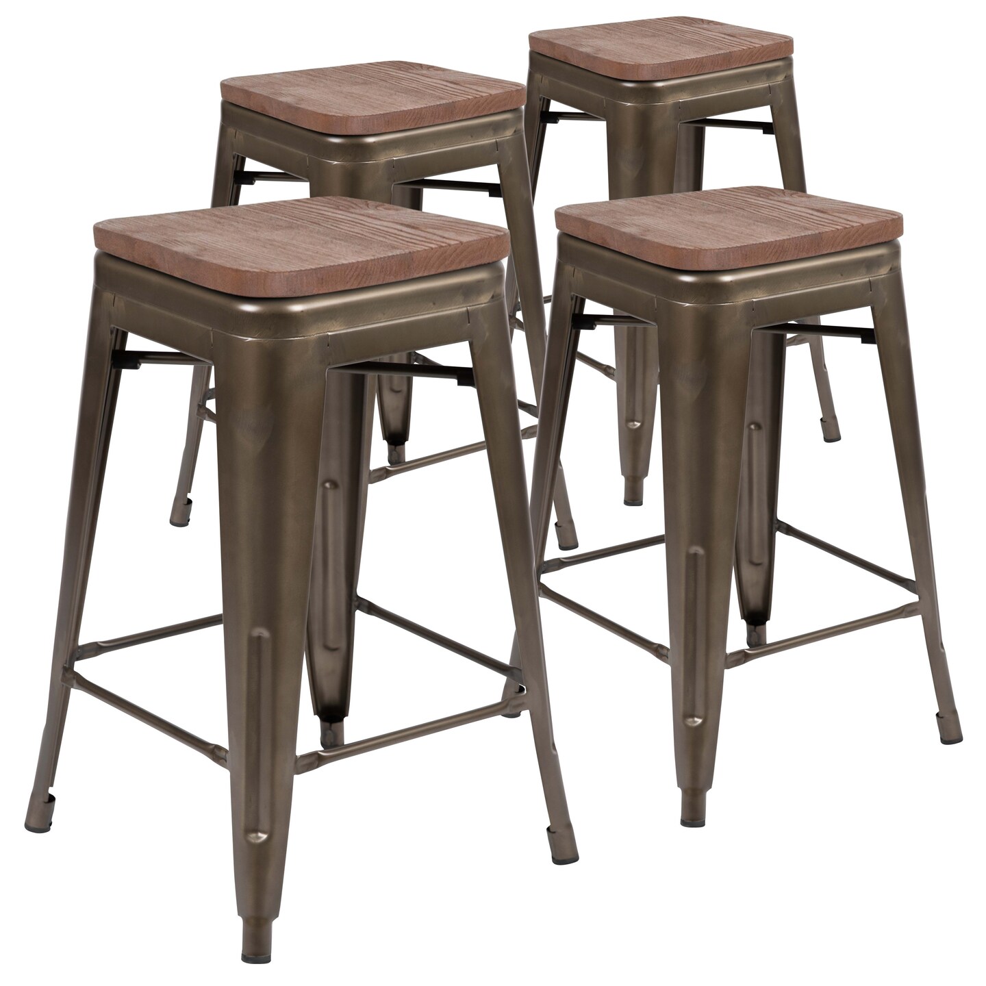Merrick Lane Brooklyn 24 Inch Tall Stackable Metal Bar Counter Stool With Textured Elm Wood Seat In Set Of 4