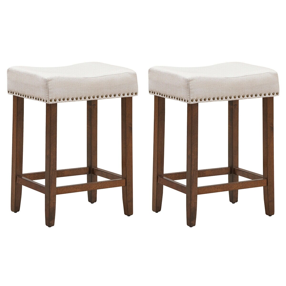 24 Inch Set of 2 Backless Curved Saddle Seat Bar Stools with Nail head Design Ideal for Indoor Seating