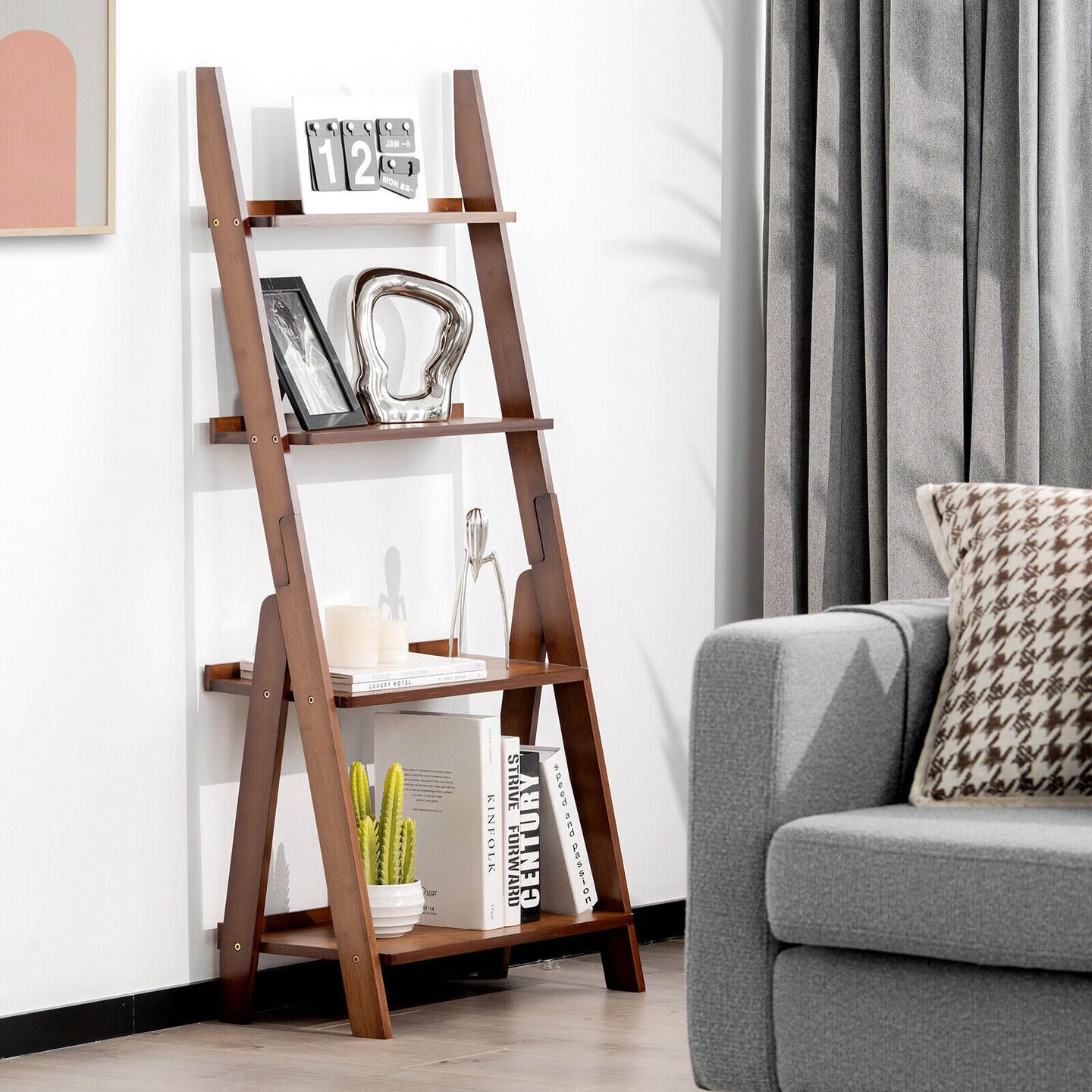4-Tier Bamboo Ladder Shelf Bookcase for Study Room