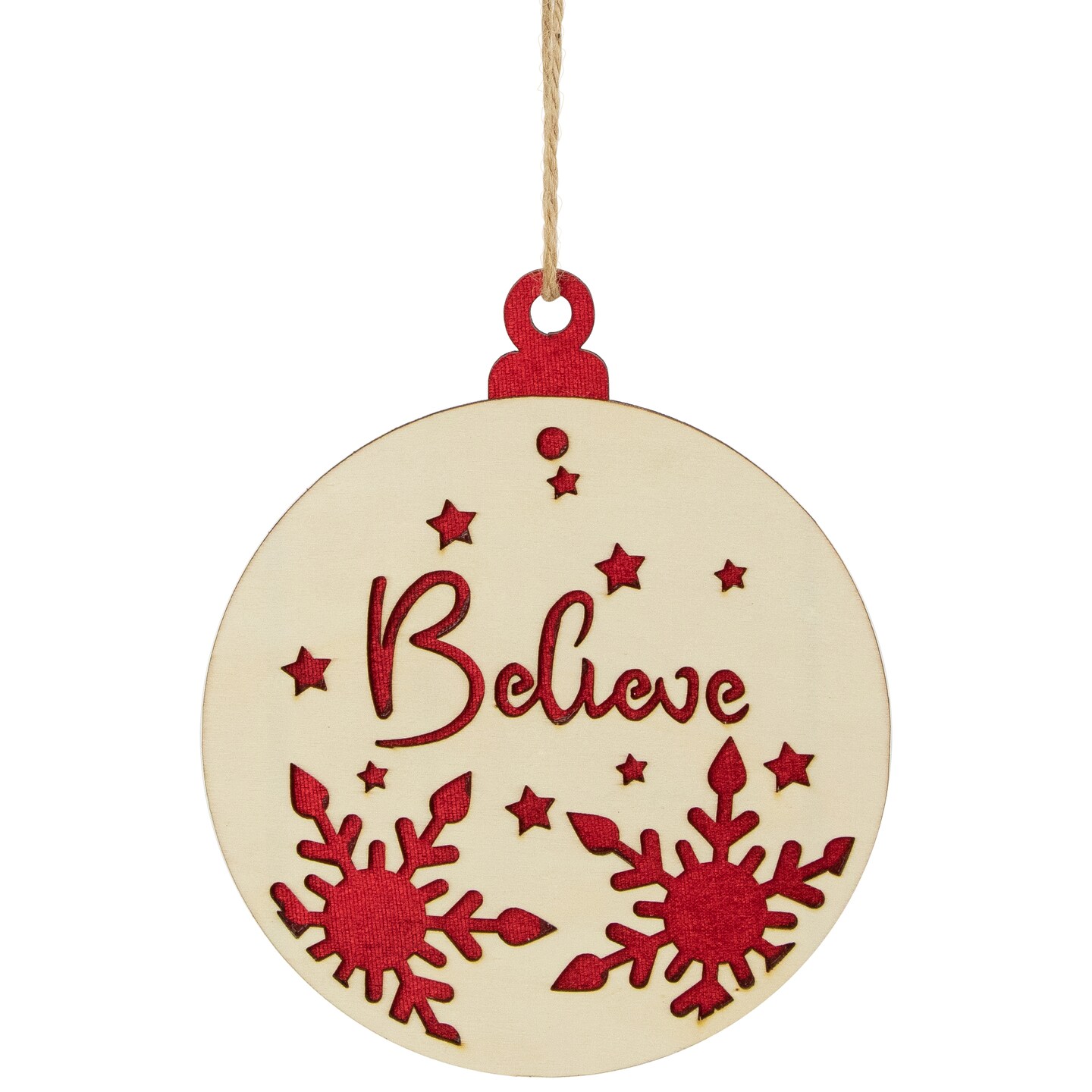 Northlight Snowflake and Star Cutout "Believe" Disc Christmas Ornament - 7" - Red and Beige
