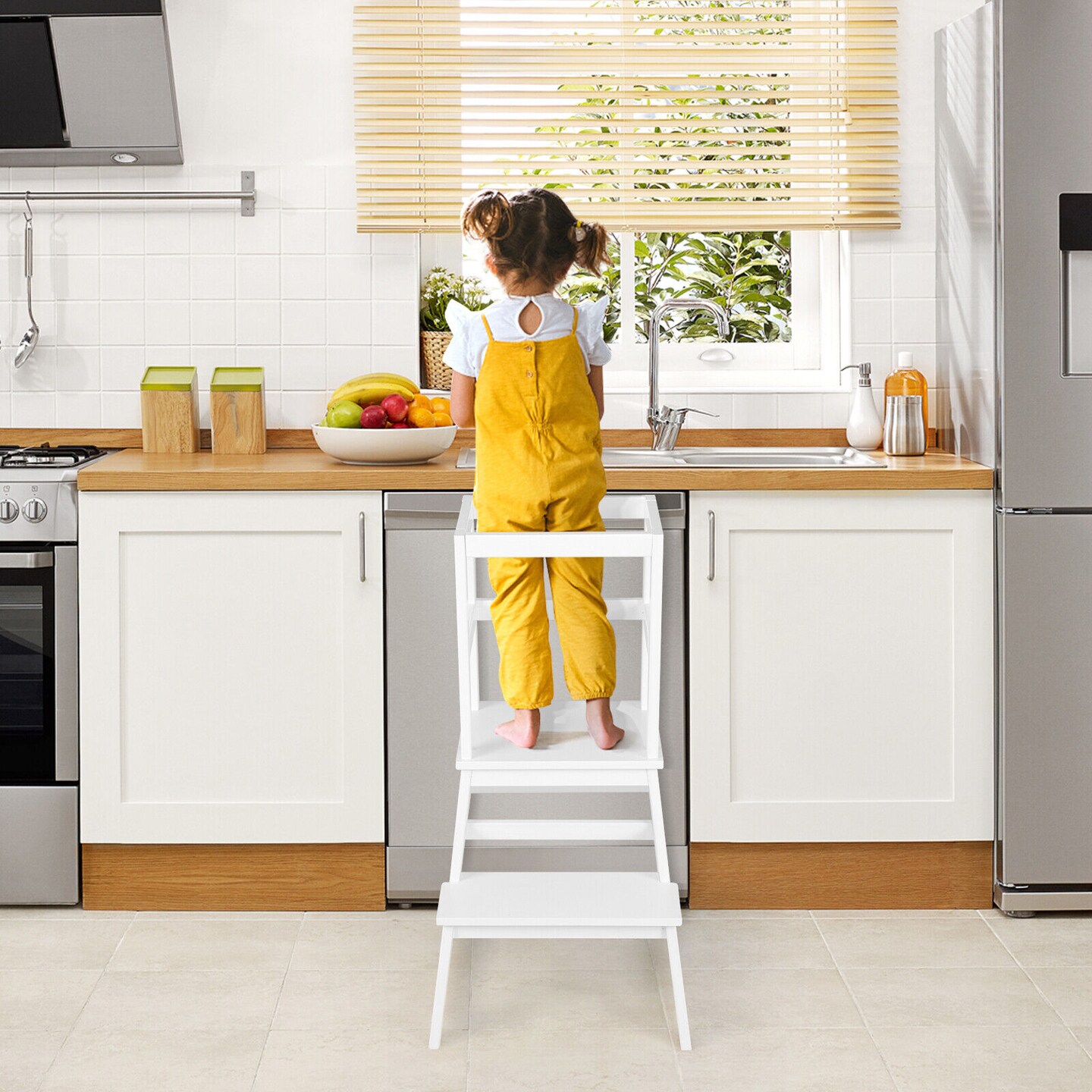 2-in-1 Multifunctional Wooden Kids Step Stool with Safety Guardrail and Wide Platform