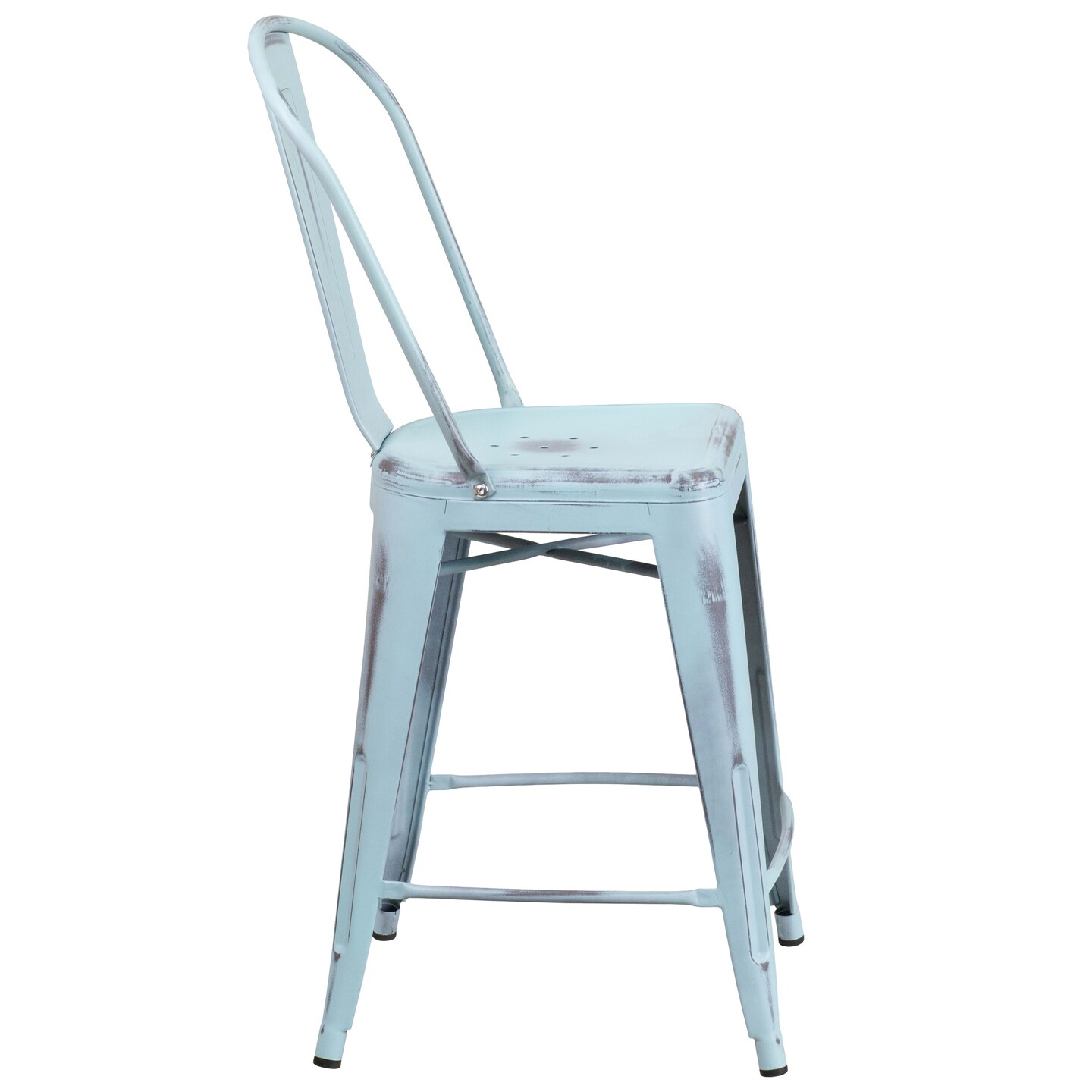 Emma and Oliver Commercial Grade 4 Pack 24" High Distressed Metal Indoor-Outdoor Counter Height Stool with Back