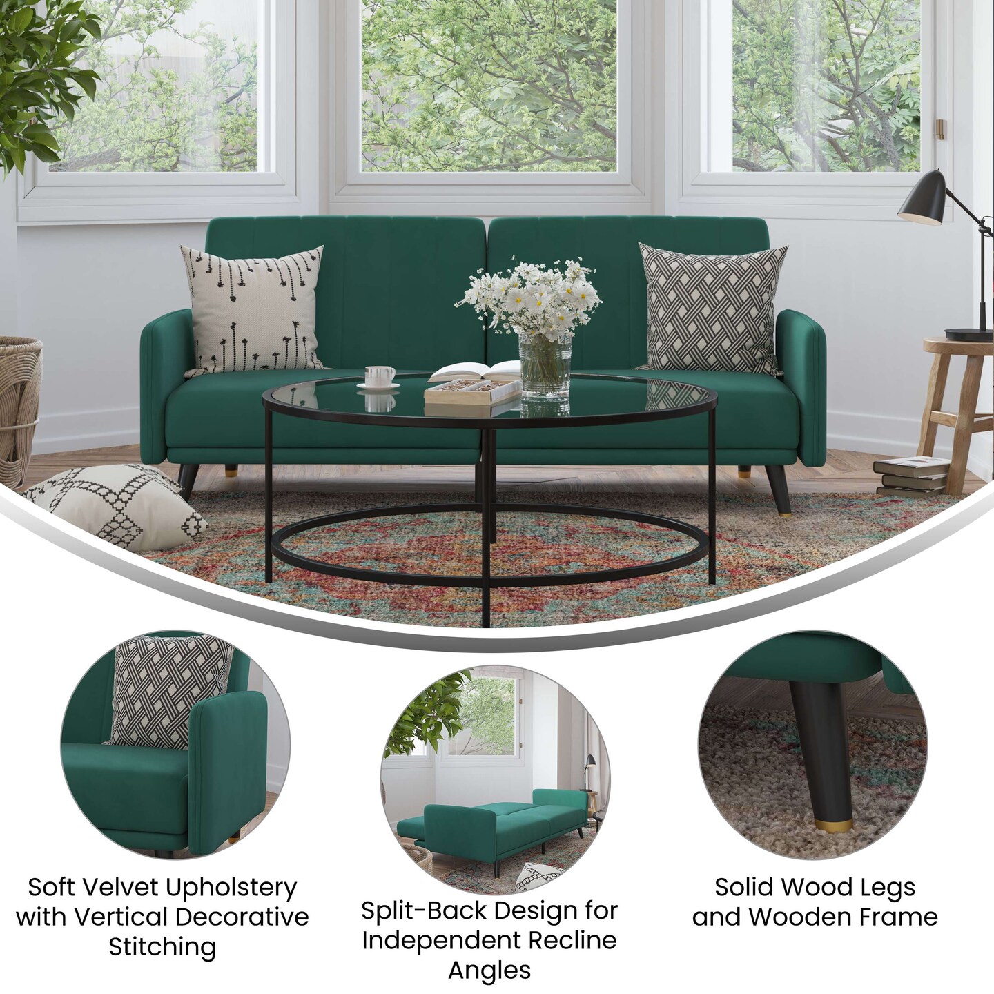 Merrick Lane Pavan Mid Century Modern Split-Back Sofa Futon with 3 Recline Positions