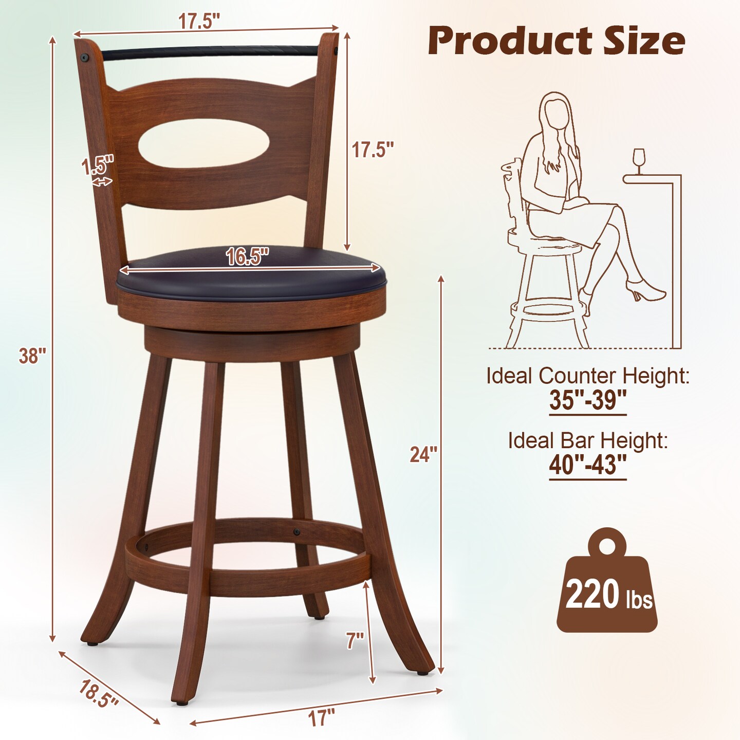 Brown Black Rubber Wood Swivel Bar Stools Cut-Out Back