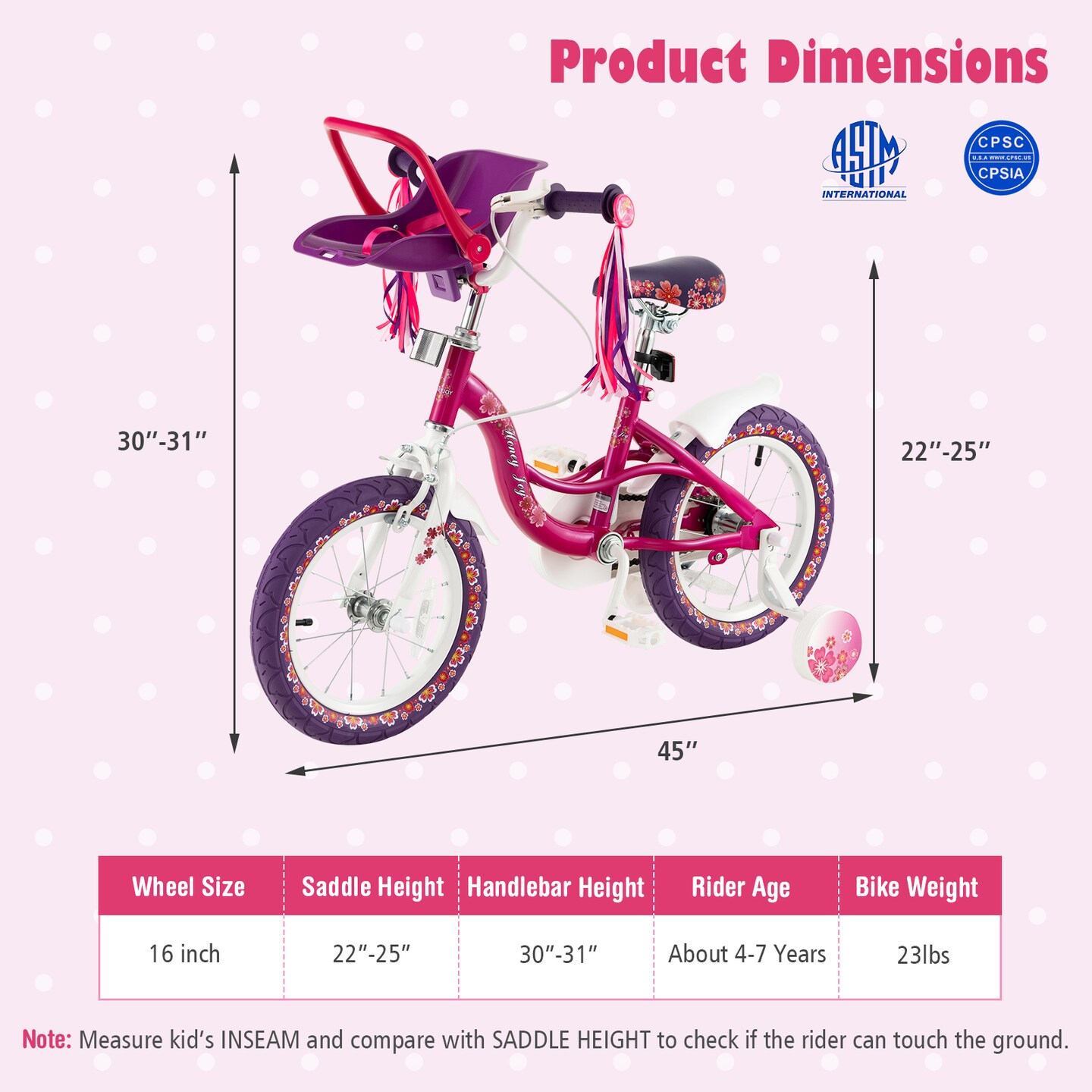 Kids Bike with Removable Doll Seat and Training Wheels Adjustable Handlebar