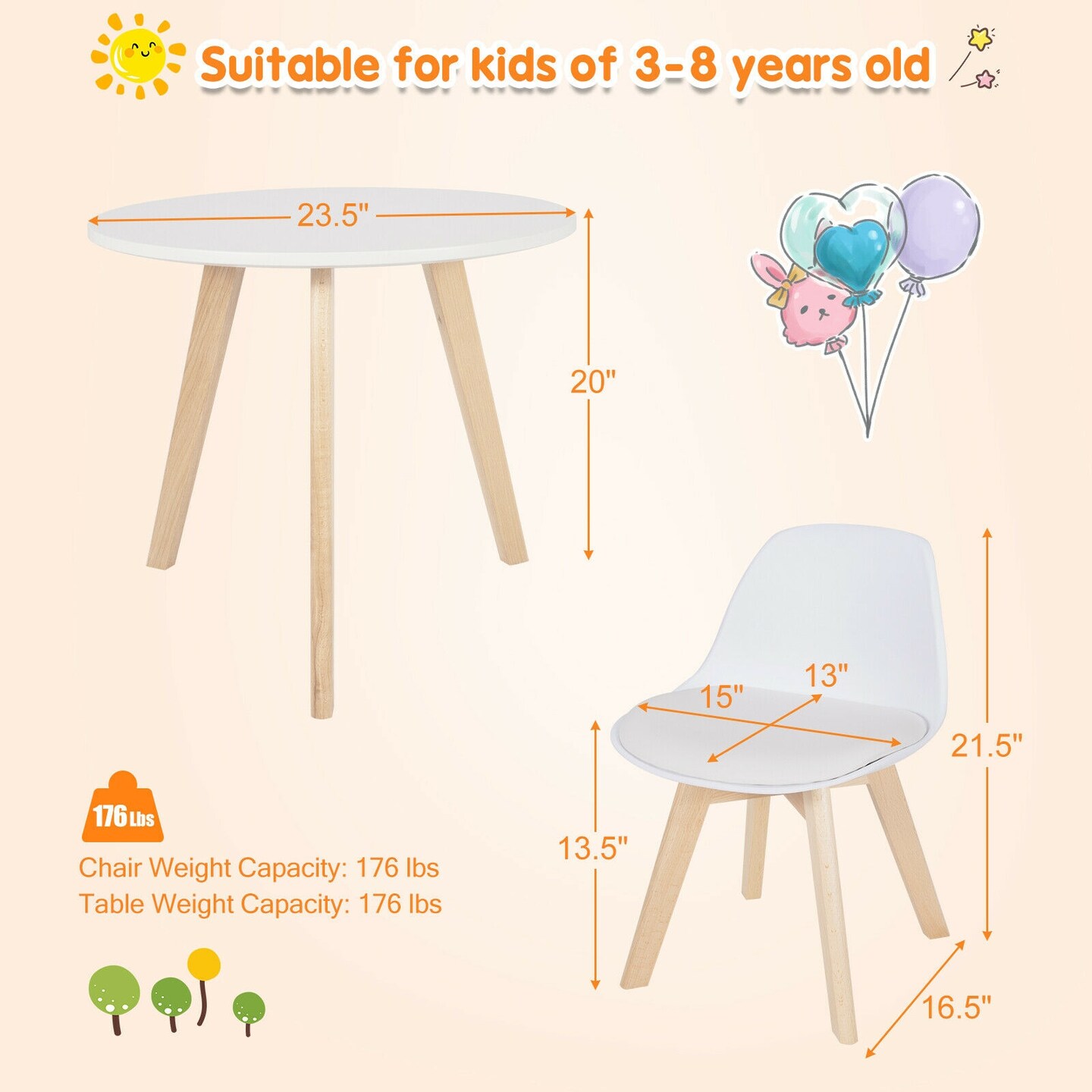 Modern Kids Activity Play Table and 2 Chairs Set with Beech Leg Cushion-White