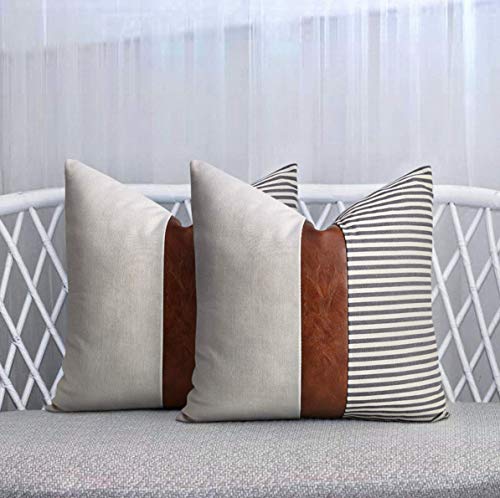 cygnus Set of 2 Farmhouse Decor Stripe Patchwork Linen Throw Pillow Covers,Modern Tan Faux Leather Accent Pillow Covers 18x18 inch,Gray