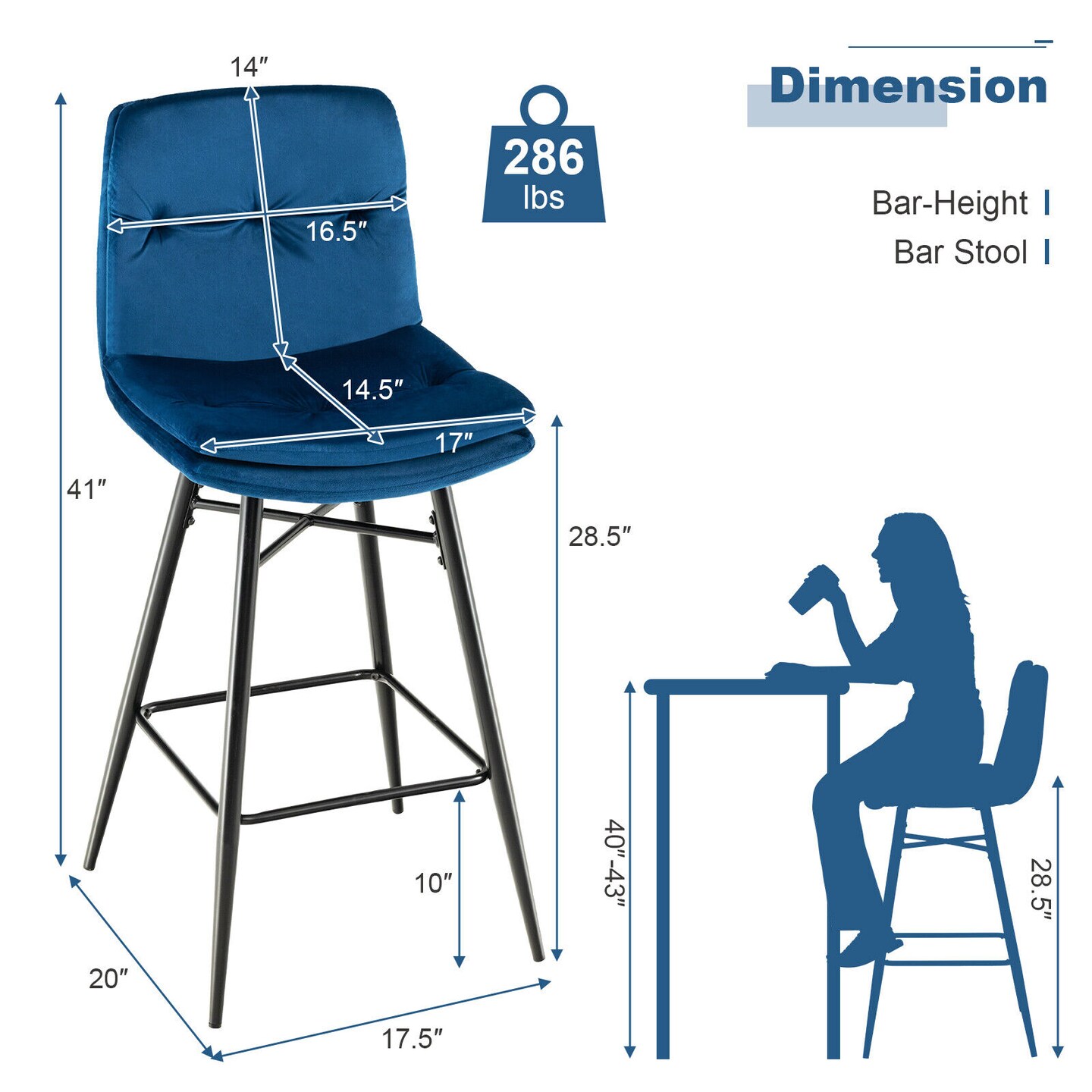 29 Inch Velvet Bar Stools Set with Tufted Back and Footrests- Set of 2