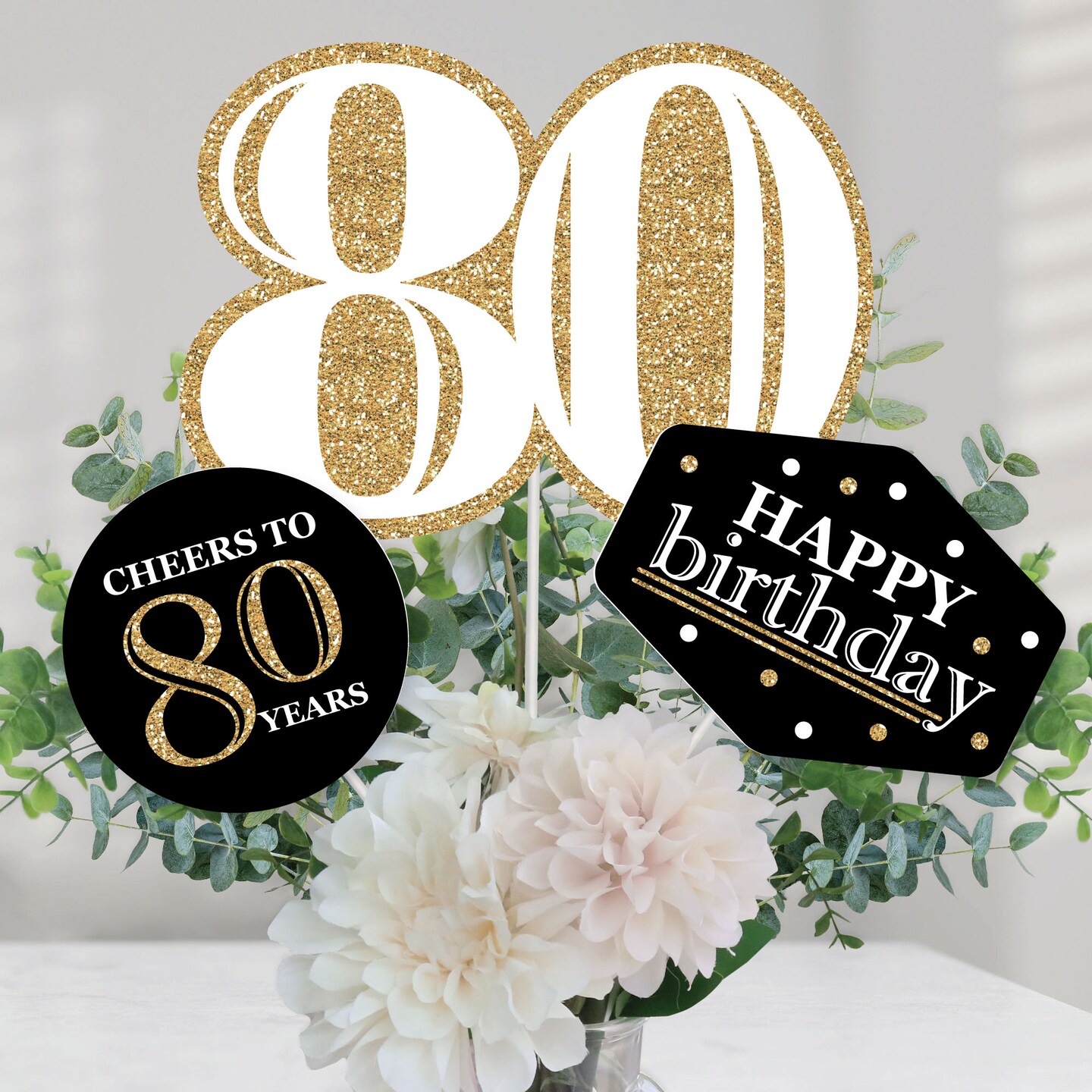 Big Dot of Happiness Adult 80th Birthday - Gold - Birthday Party Centerpiece Sticks - Table Toppers - Set of 15
