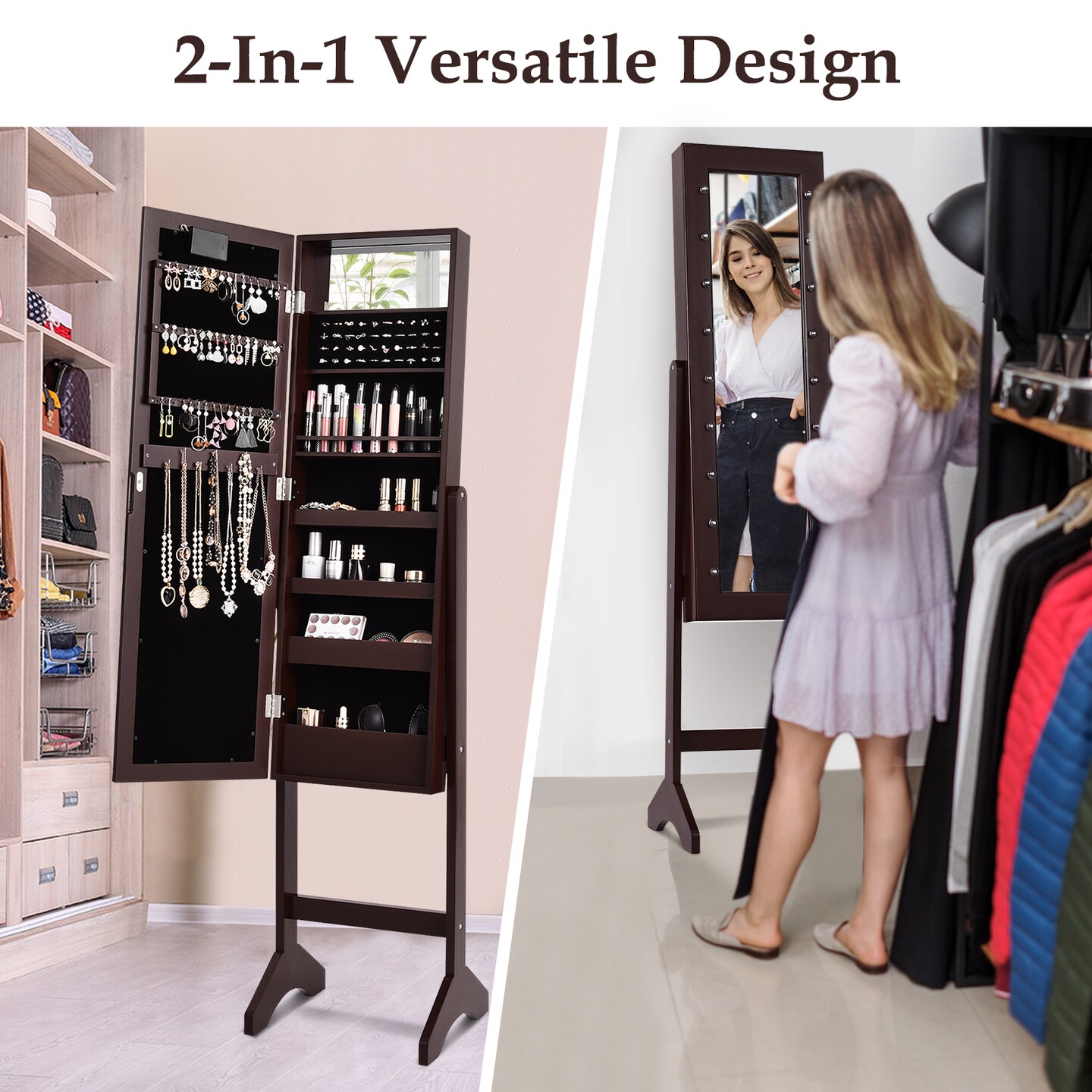 Freestanding Jewelry Organizer Cabinet Armoire with LED Lights and Full Length Mirror