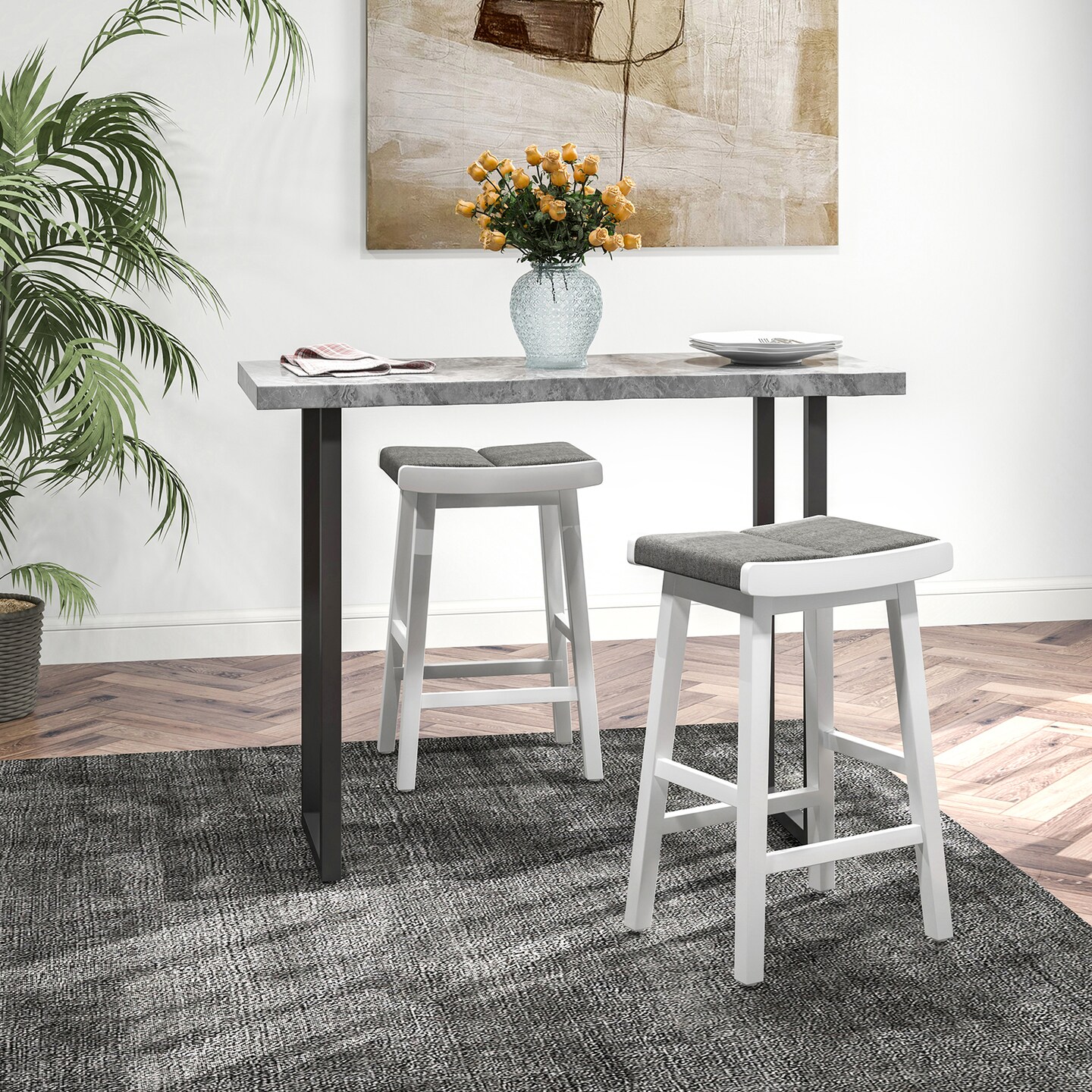 2 Pieces Upholstered Saddle Barstools with Padded Cushions