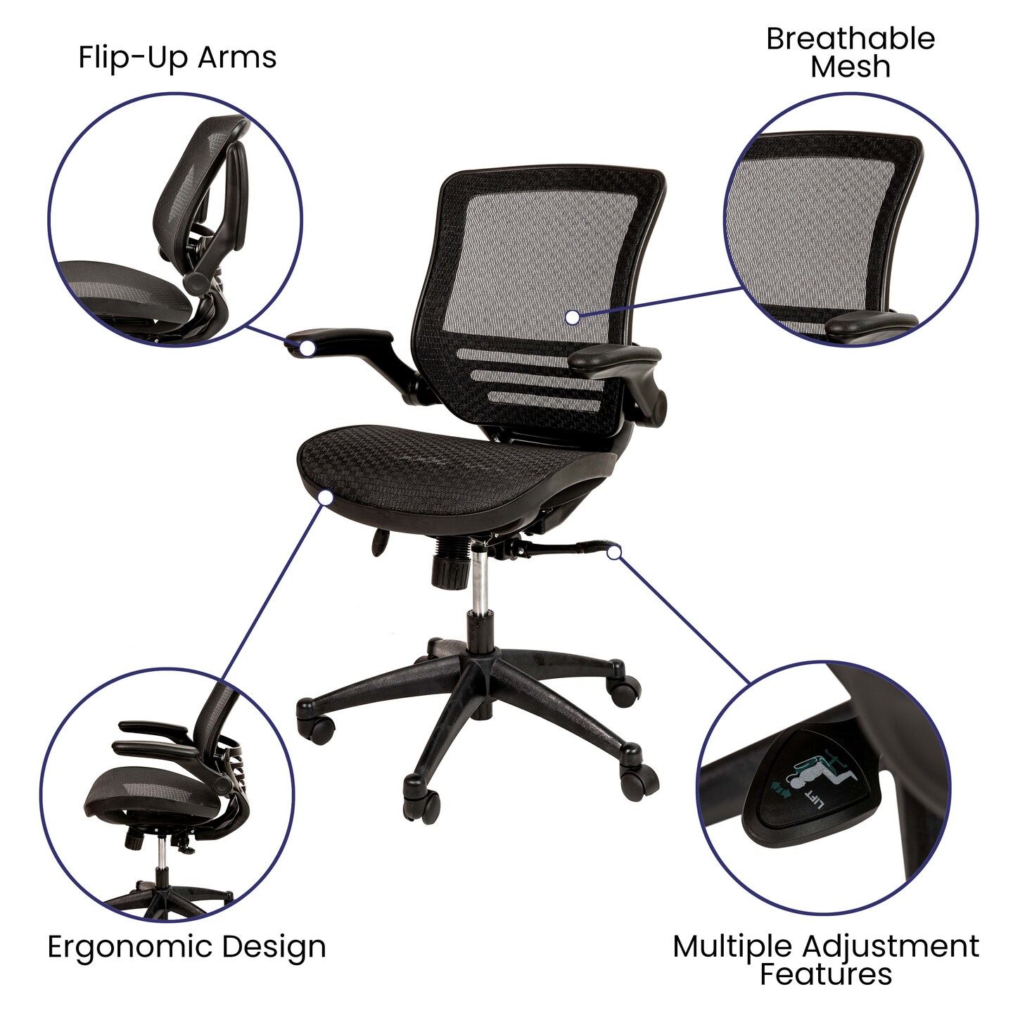 Emma and Oliver Mid-Back Transparent Mesh Executive Swivel Office Chair with Flip-Up Arms