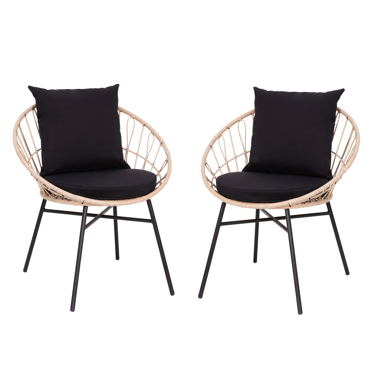 Merrick Lane Alma Set Of 2 Faux Rattan Rope Patio Chairs, Papasan Style Indoor/Outdoor Chairs with Seat & Back Cushions