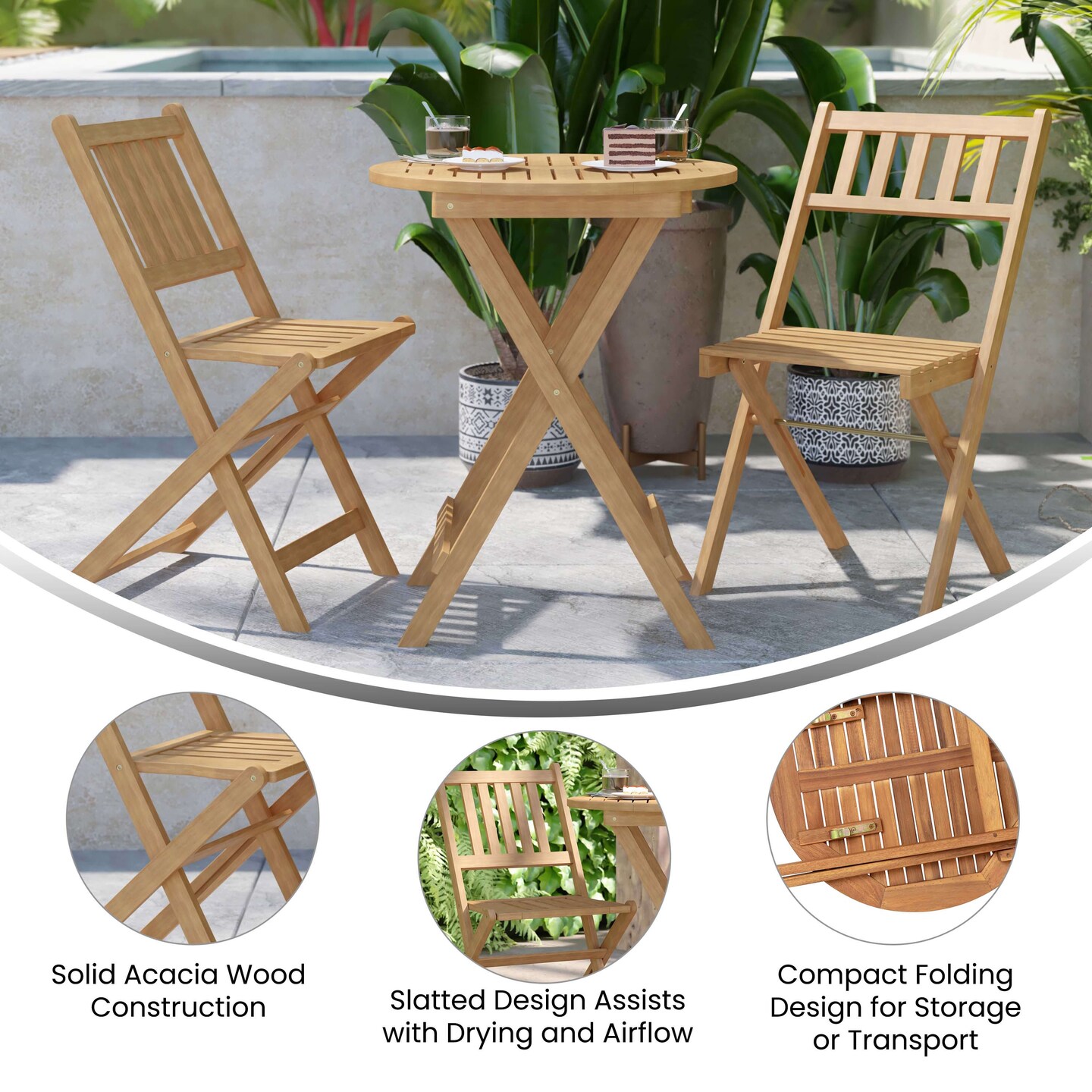 Merrick Lane Stora Three Piece Solid Acacia Wood Folding Patio Bistro Set with Lightweight Round Table and Two Chairs