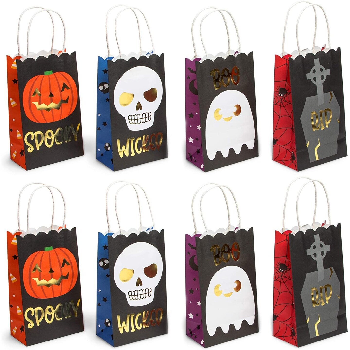 24 Pack Halloween Paper Goodie Bags with Handles for Kids Trick or Treat Candy Gift, Party Favor Supplies, 4 Designs